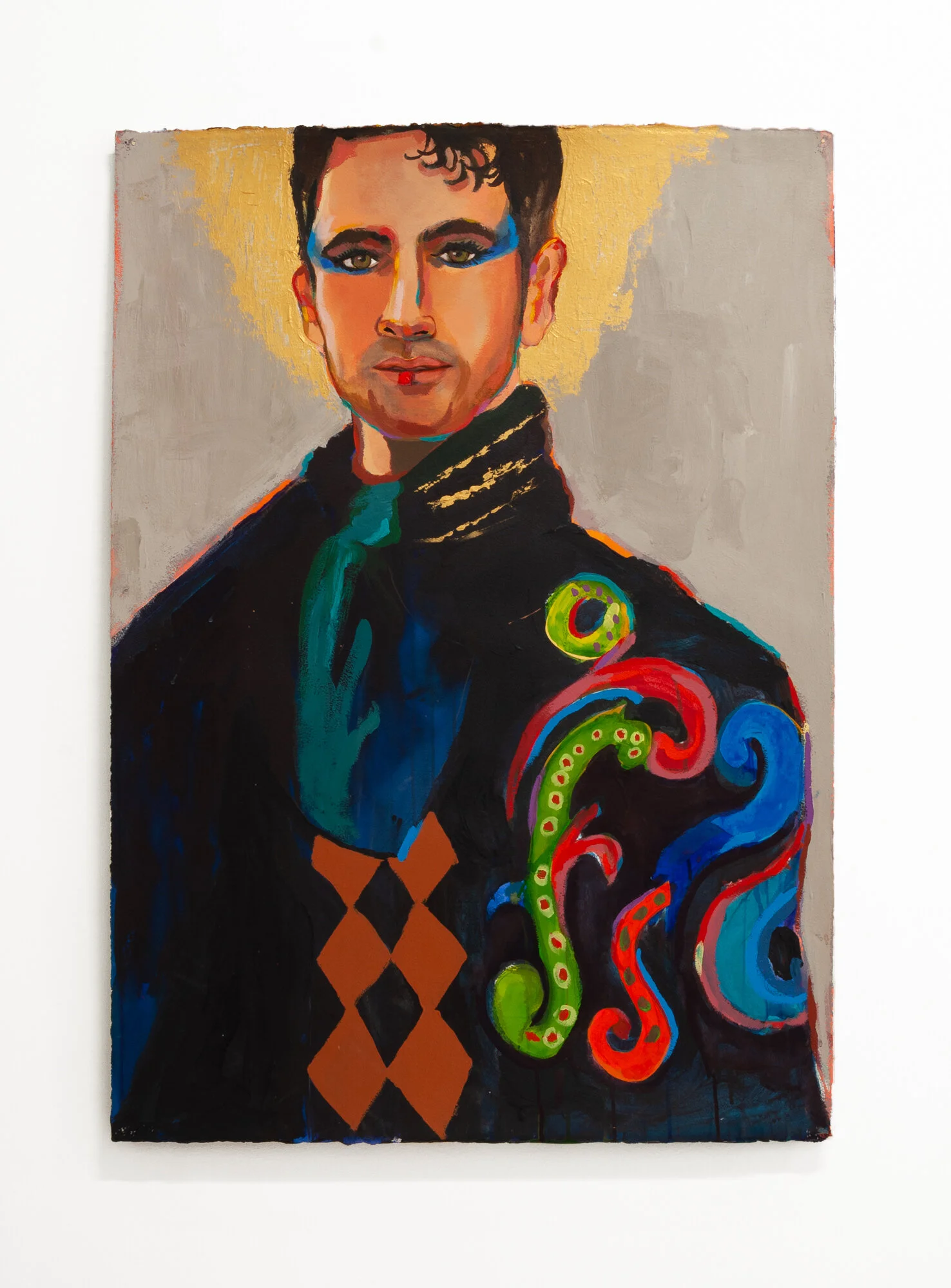 Karen Heagle, Rimbaud, 2020, acrylic, ink, watercolor, collage, silver leaf on paper, 40.5” x 29.5”
