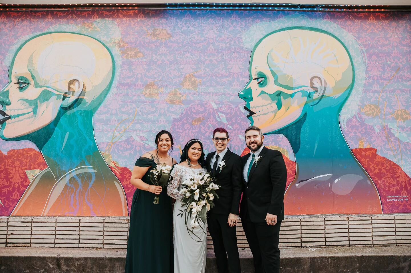 With the Matron of Honor &amp; Best Man. Oh, and Miley. #FromAtoZuchowski

Dress &amp; sash belt: @davidsbridal 
Haircolor: @amarahairartistry at @xohairlab 
Hairstyling &amp; makeup: @thelooksalonchesapeake 
Jewelry: Mom
Hairpiece: DIY by me!
Suit: 