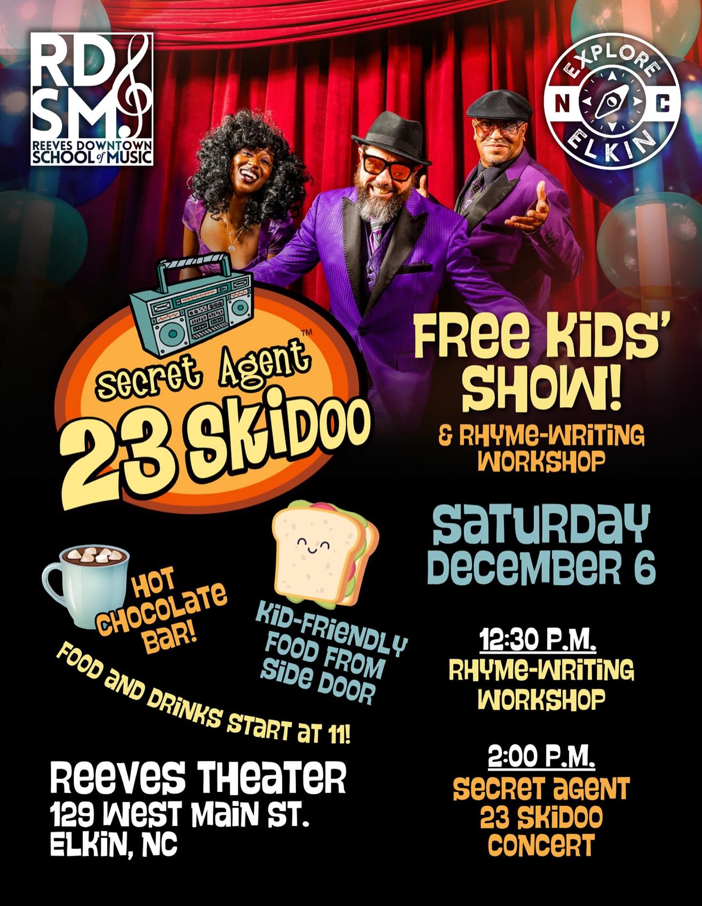 We are so pumped for an epic collaboration between @downtownschoolofmusic @exploreelkin @reevestheater to bring kid-friendly fun to the Reeves on Saturday, December 6! Join us for kid-friendly lunch from @sidedoor_elkin , a FREE rhyme writing worksho