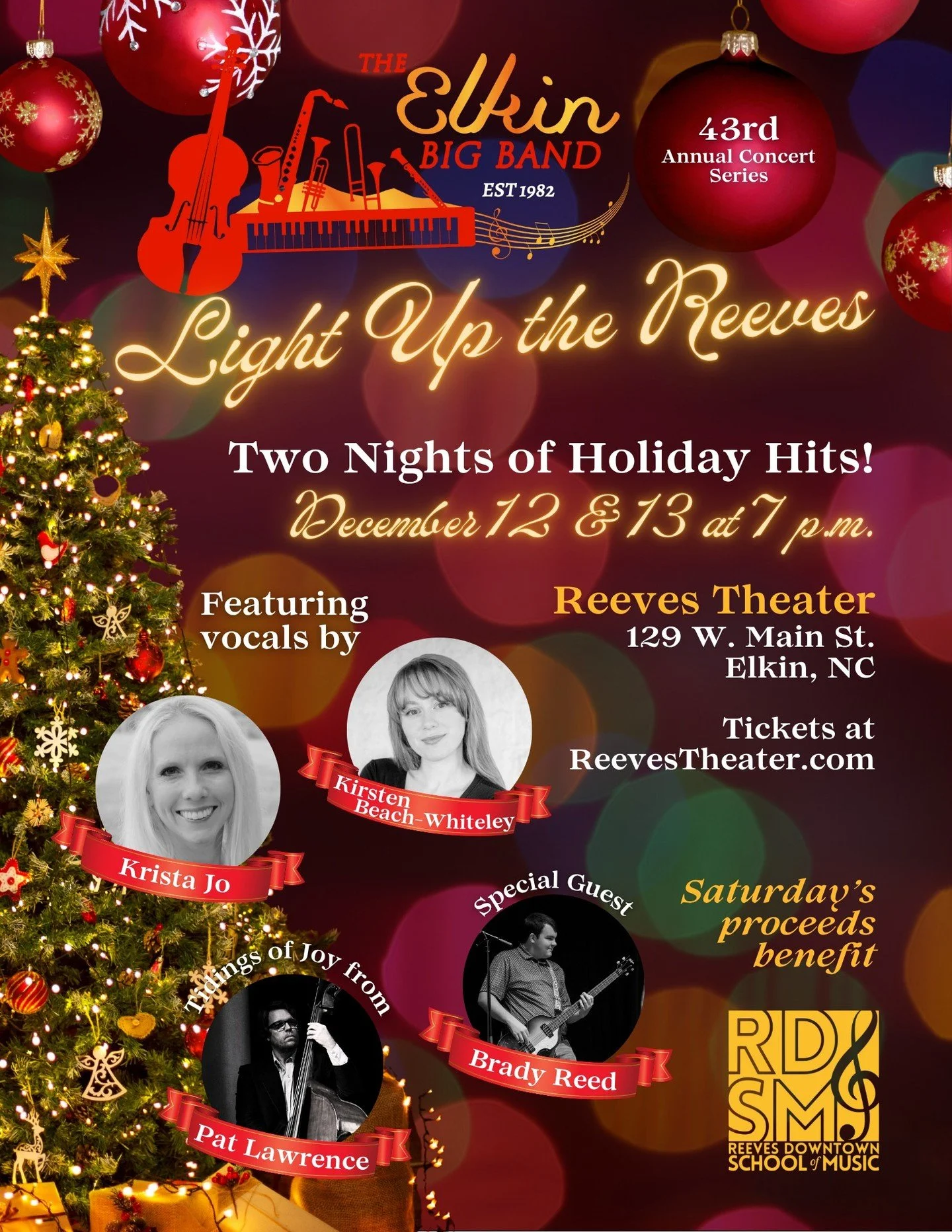 The Elkin Big Band is returning for TWO nights of Holiday Hits, December 12 &amp; 13 at 7 p.m. at the Reeves Theater.
ㅤ
Saturday's concert benefits RDSM, and both shows feature incredible vocalists, Christmas classics, and plenty of good cheer.
ㅤ
Tic