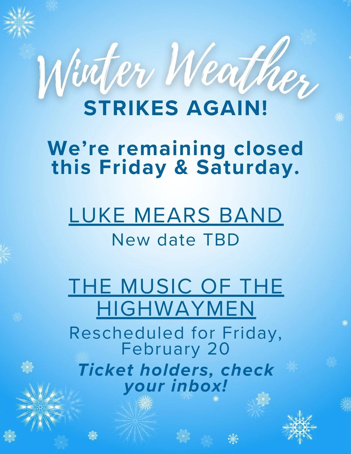 Welp, the weather had other plans for us this weekend, but we are fortunate to have such talented local artists who can find new dates to perform in the near future.
ㅤ
Stay safe and warm and don't slip on the ice!
ㅤ
--The Reeves Family
