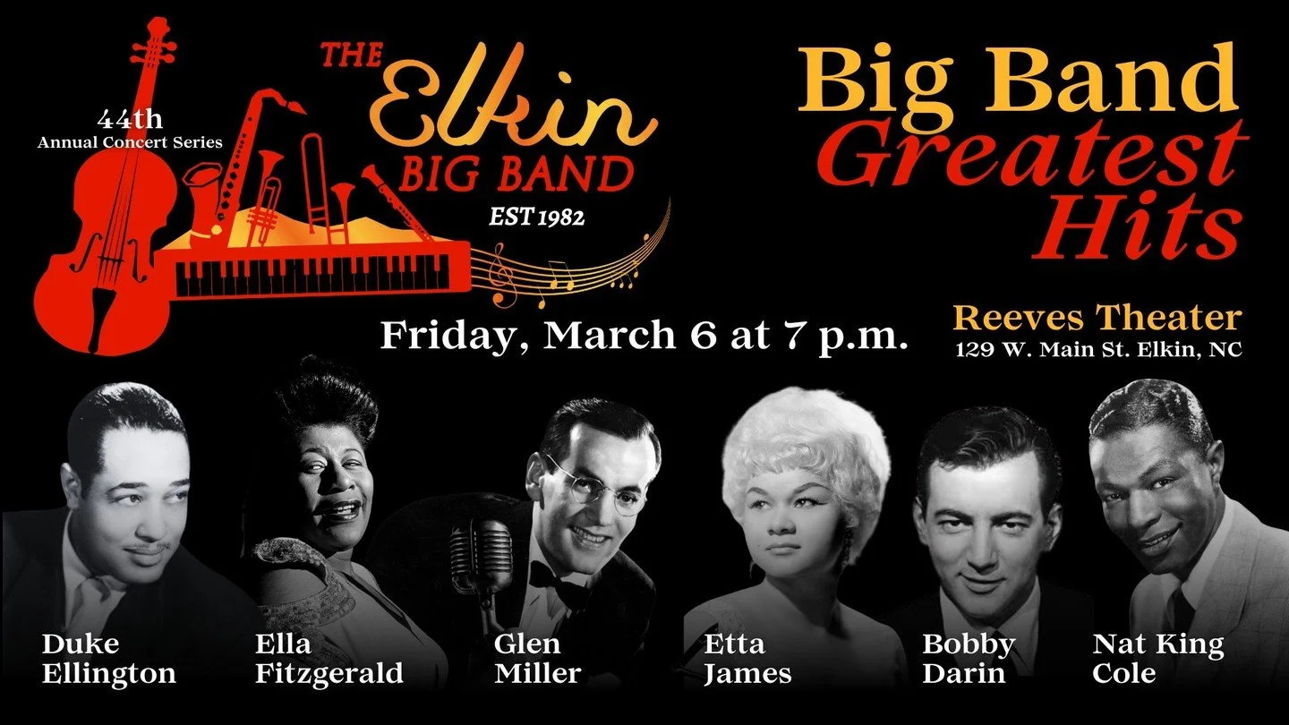 One week from tonight!
ㅤ
The Elkin Big Band makes their 2026 debut with Big Band Greatest Hits, featuring the incredible band in its 44th season, and featured singers Krista Jo, Kirsten Beach-Whiteley, and Colin Whiteley.
ㅤ
Tickets are still availabl