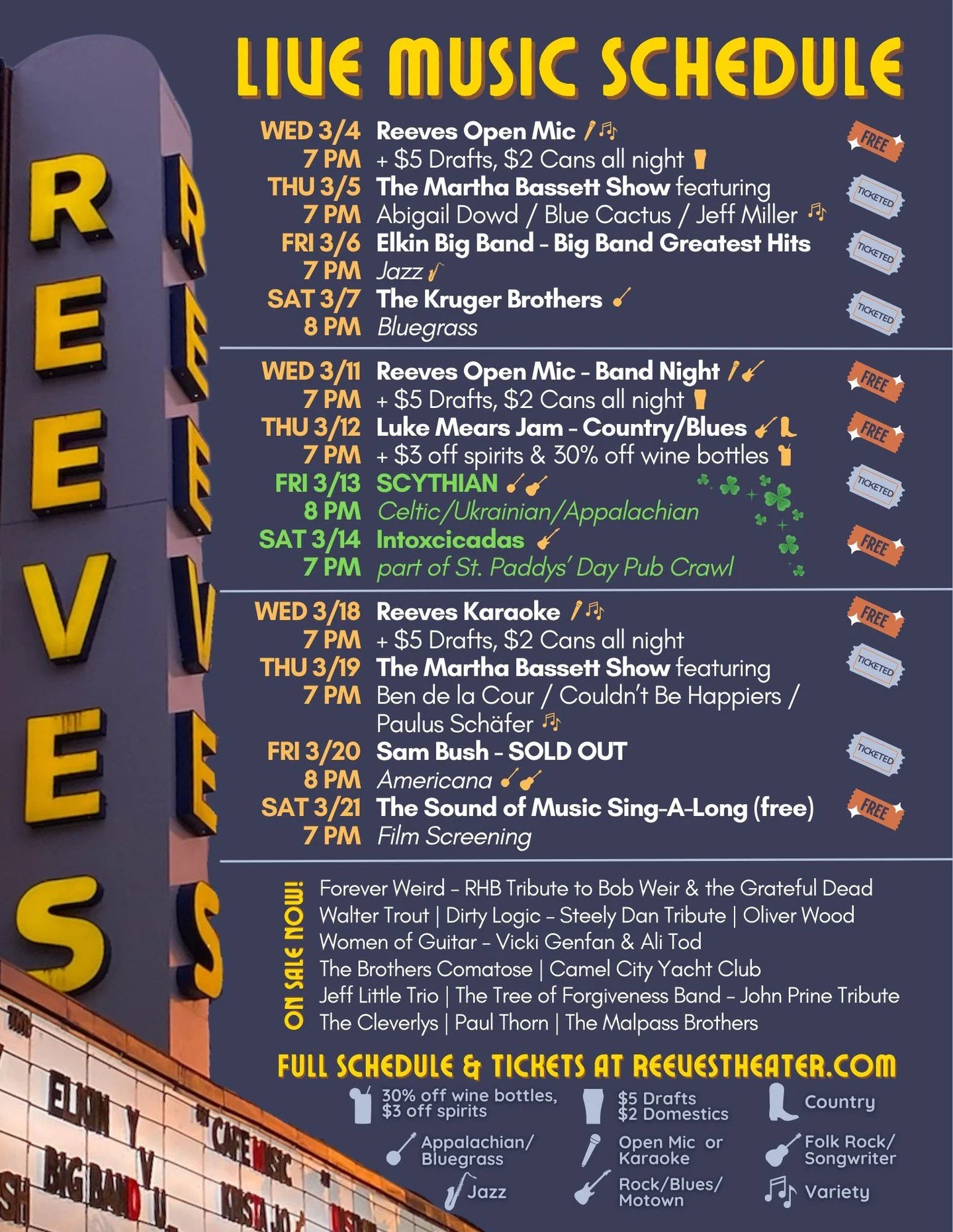 Happy March!!! As winter wraps up and spring is on the horizon, we're so excited for so many wonderful shows, artists, and events at the Reeves!
ㅤ
We can't do this without you, so please consider visiting ReevesTheater.com and purchasing tickets so w