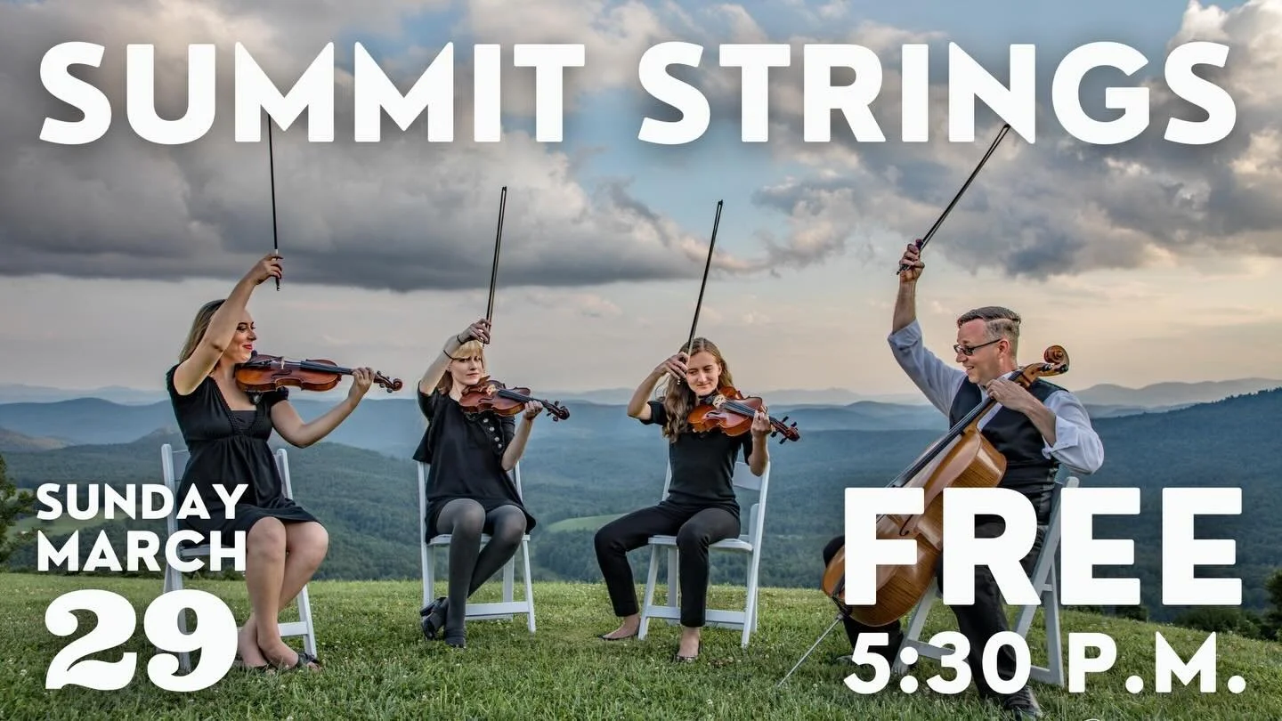 FREE today at 5:30: SUMMIT strings returns with another beautiful, all-ages performance. AND, starting at 5, our bar will be open and @sidedoor_elkin will be serving up tasty food.

See you soon!

#elkinnc #happeningnow #stringquartet
