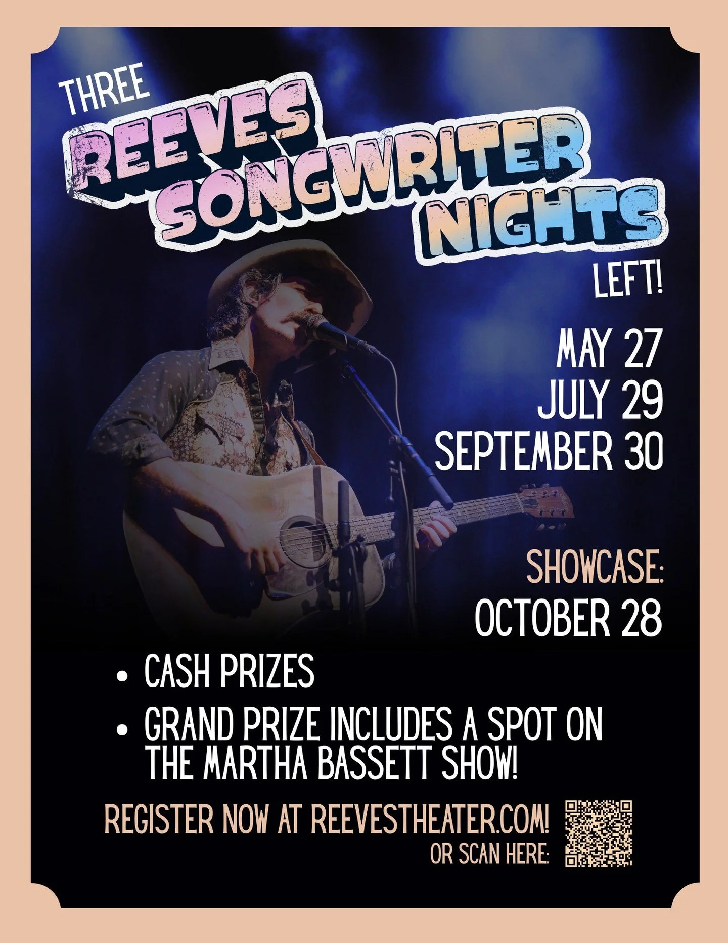 We've upped the competition factor for our Songwriter Nights in 2026. Only FIVE opportunities to win (just three left), cash prizes for every winner, a large cash prize for our grand prize winner, plus a spot on The Martha Bassett Show's season final
