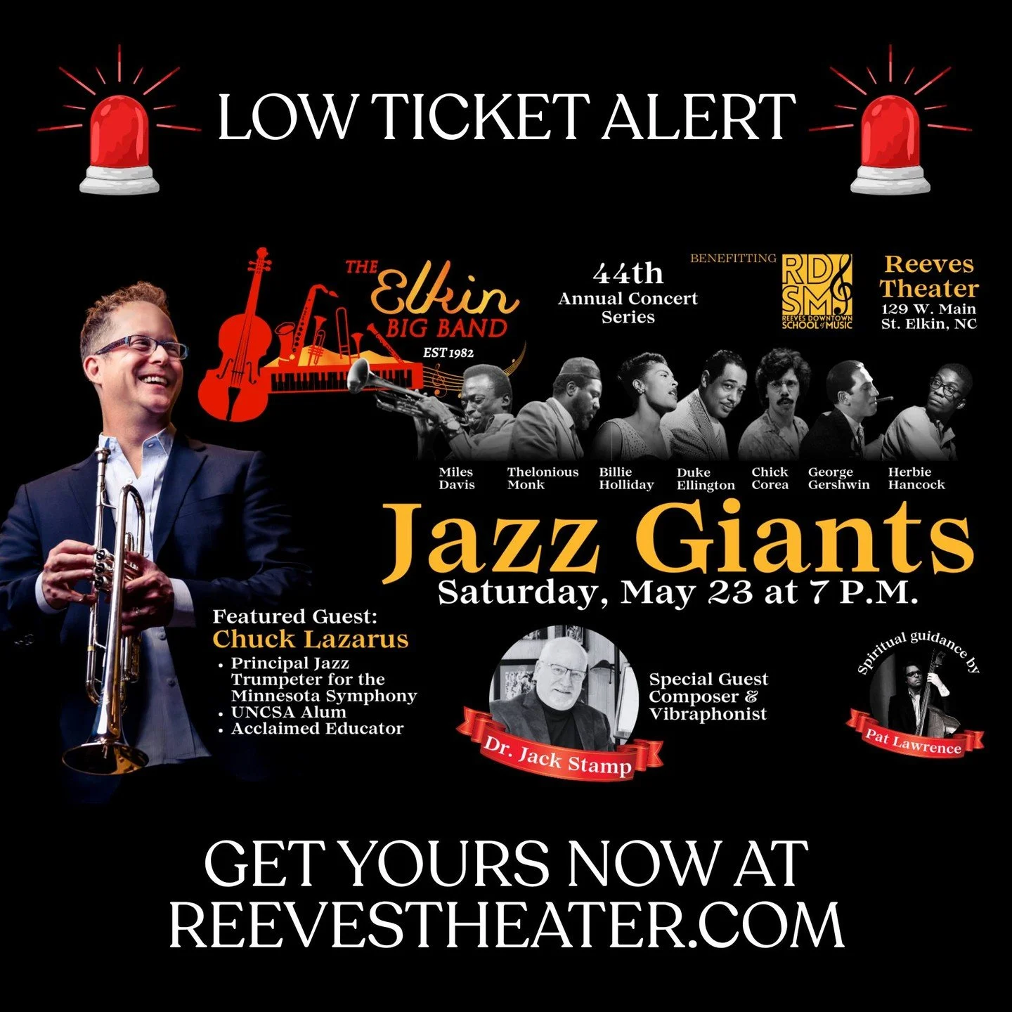 Don't wait &ndash; the Elkin Big Band "Jazz Giants" show on May 23rd is selling fast! Get your tickets now at ReevesTheater.com.
ㅤ
#reevestheater #elkinnc #concert #livemusic #smalltownbigsound