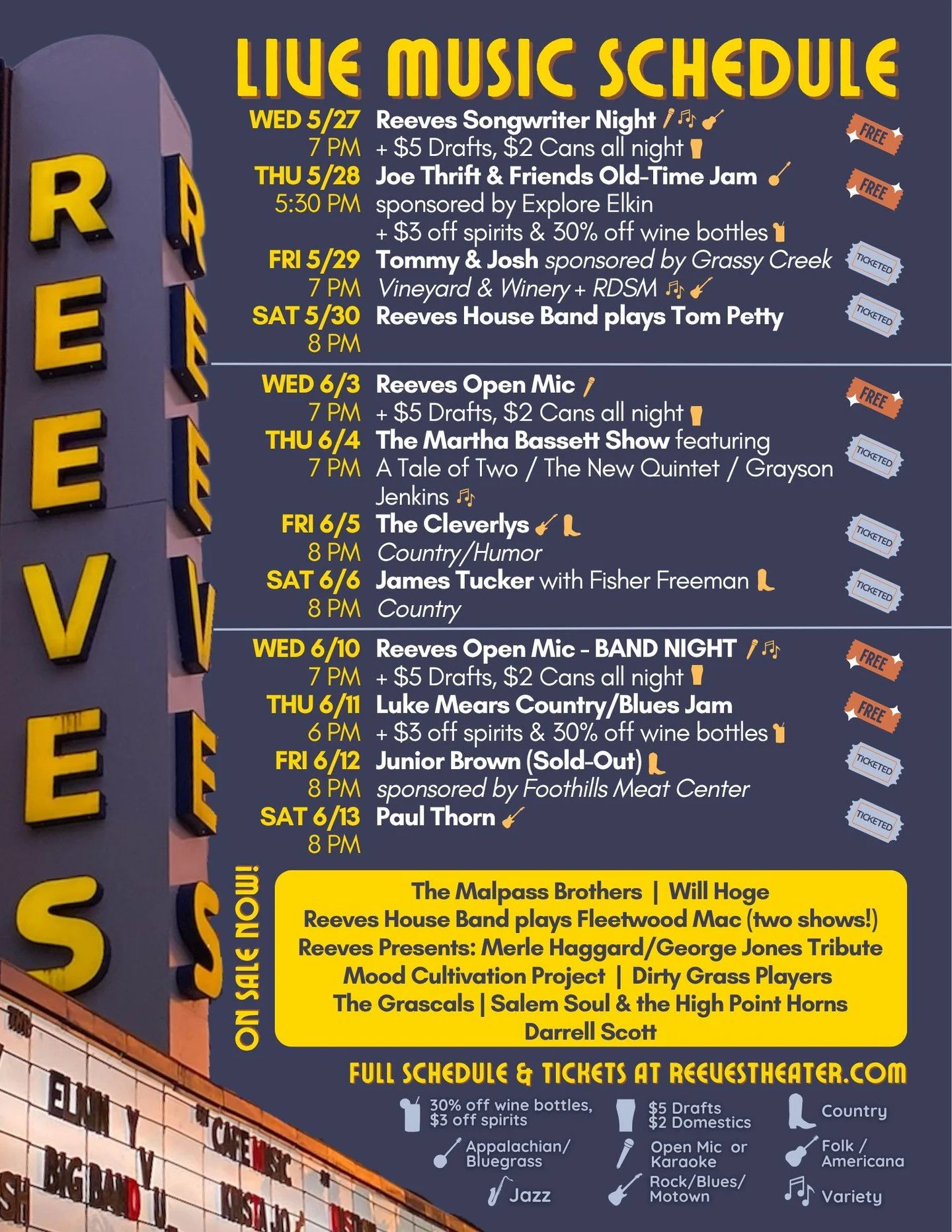 More incredible music coming up in late May and early June, plus tons of great shows on sale now at ReevesTheater.com.
ㅤ
Support live music and small business all in one.
ㅤ
#reevestheater #elkinnc #concert #livemusic #smalltownbigsound