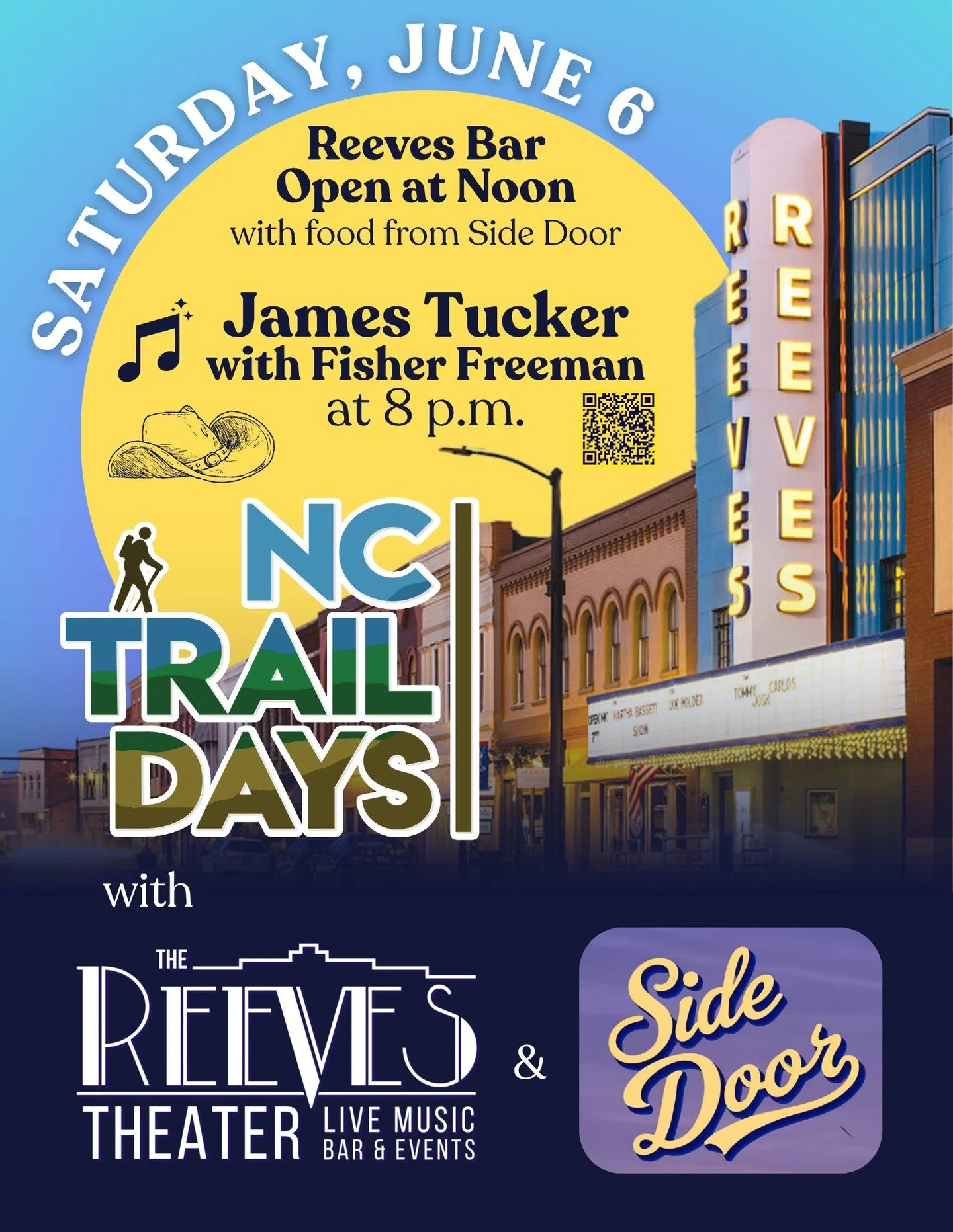 With NC Trail Days just one week away, we thought we should let you know that we're opening up early for the festivities!
ㅤ
Swing by the Reeves for refreshing drinks from the bar, delicious food from Side Door, and cooling air conditioning, starting 