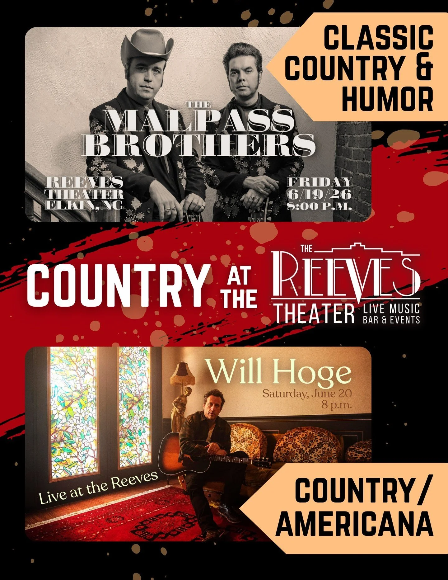 In two weekends, Country music takes over the Reeves, so be sure you get your tickets now at ReevesTheater.com!
ㅤ
Friday, June 19: The Malpass Brothers bring their hilarious classic country sound back to the Reeves. Tickets are nearly gone!
ㅤ
Saturda
