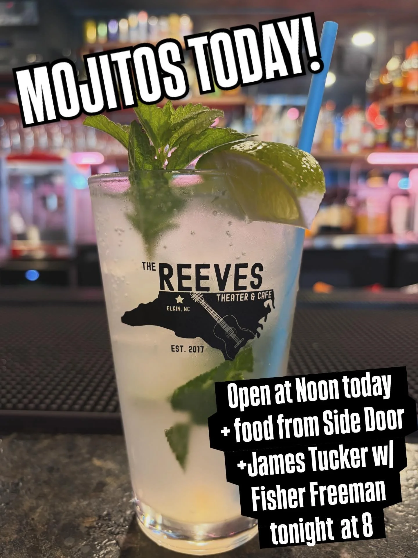 We&rsquo;re excited for Trail Days!

We have new Mojitos plus all other delicious beverages at the bar. Food from @sidedoor_elkin all day and @jamestuckermusic with @f_freeman62 at 8.

Tickets for tonight&rsquo;s show at ReevesTheater.com!