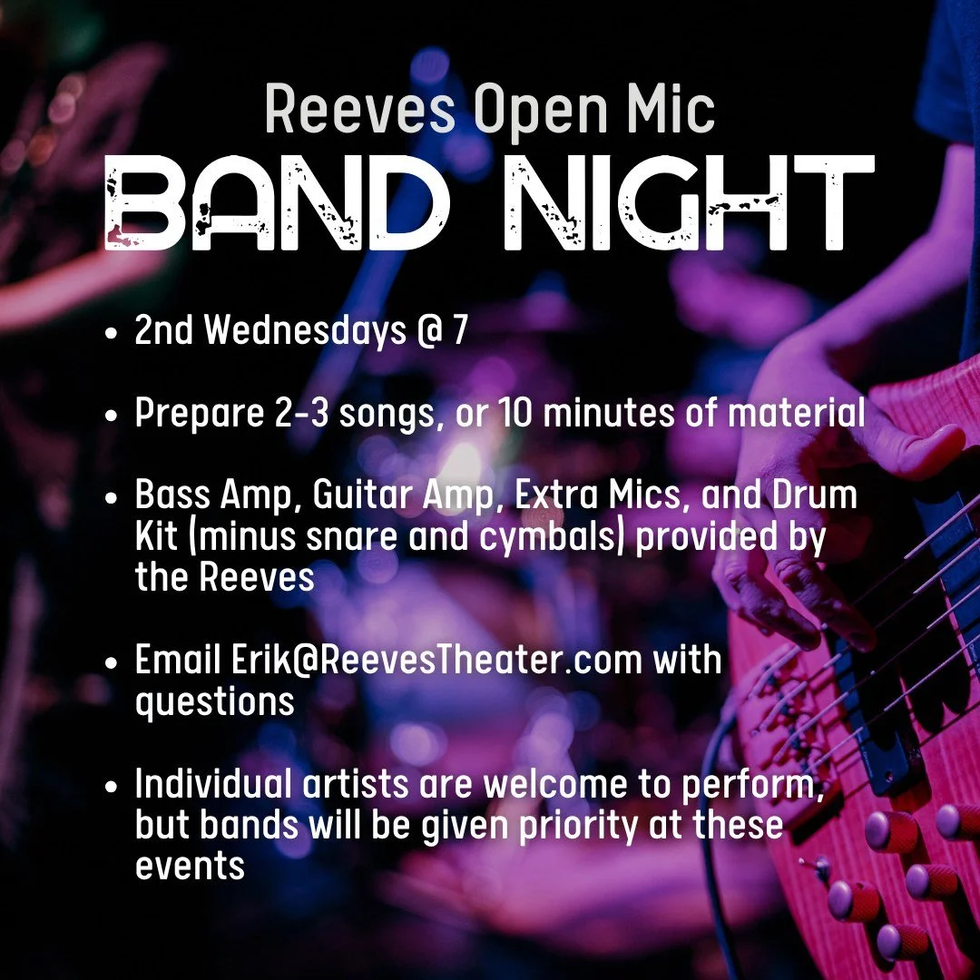 Band night is THIS WEDNESDAY. Be sure you bring your bandmates and your fans and prepare to rock the Reeves.
ㅤ
#reevestheater #elkinnc #concert #livemusic #smalltownbigsound