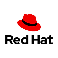 Red Hat logo with red fedora hat and black text