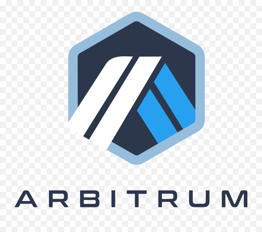 Arbitrum logo with a hexagon shape, featuring diagonal white and blue lines on a black background, and the word 'ARBITRUM' below.
