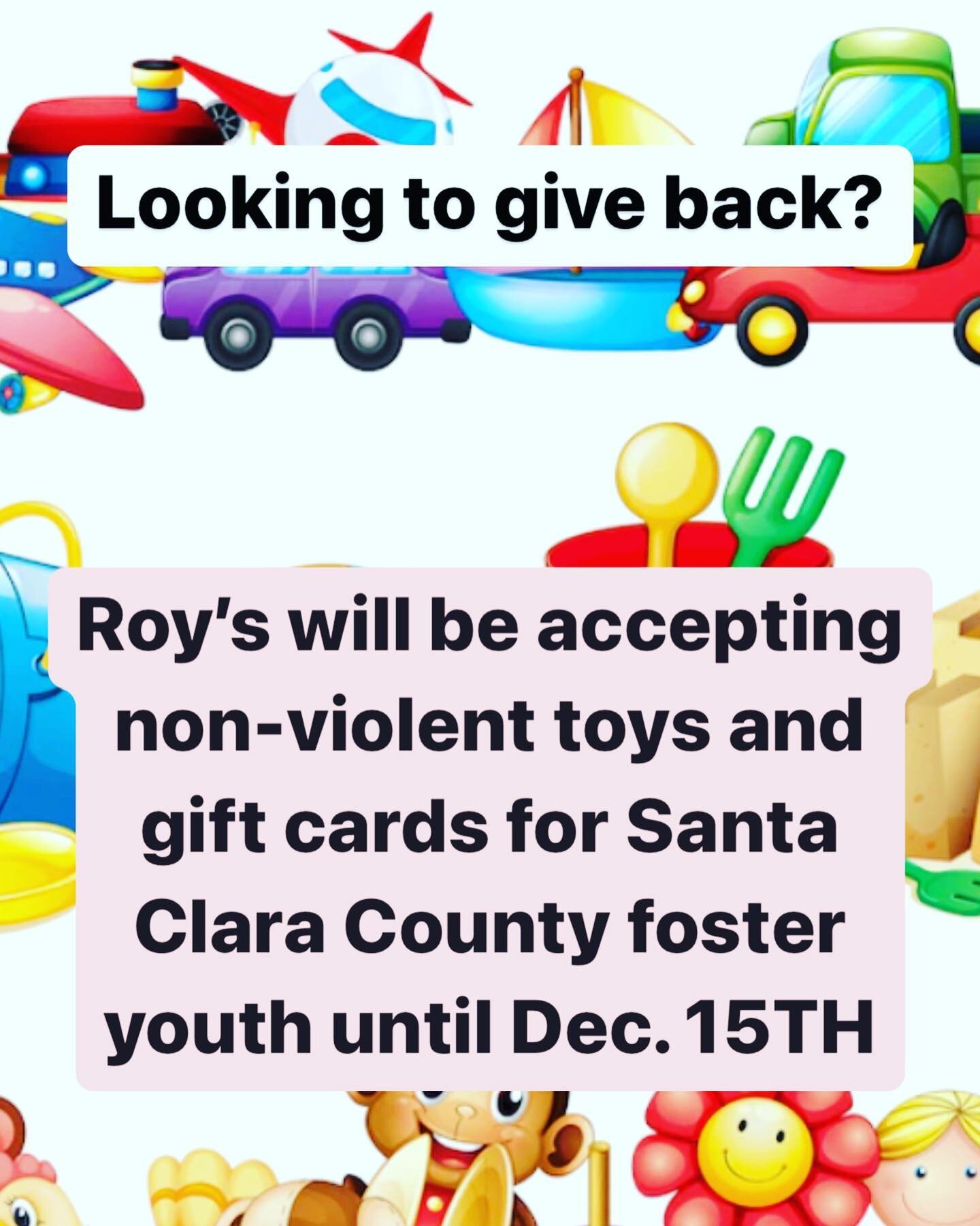 Roy&rsquo;s will be doing it&rsquo;s annual toy drive for Santa Clara County foster youth. Please participate by bringing a gift card or non-violent, unwrapped toy by December 15th!

#seasonofgiving #fosteryouth #toydrive #sanjose #dtsj #japantownsj 