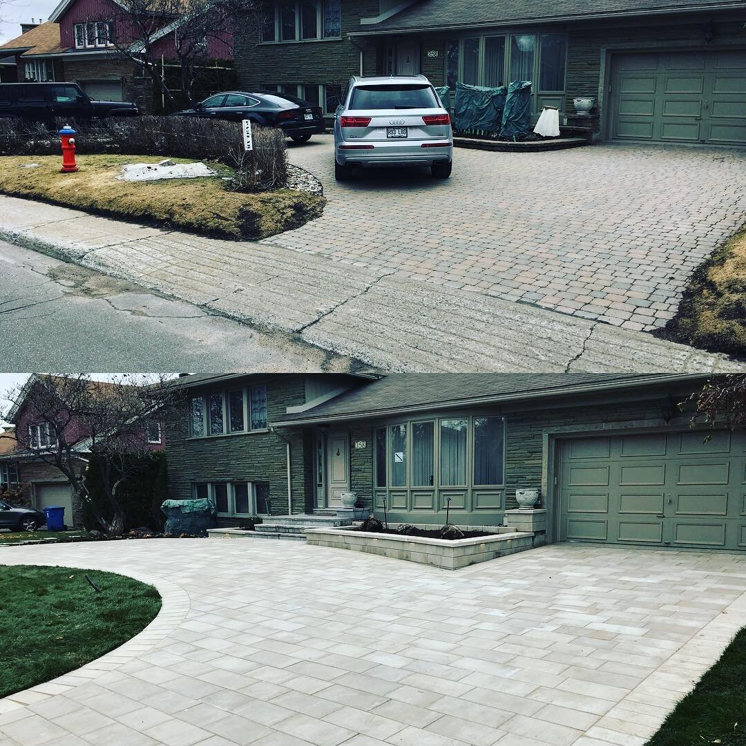 Front yard transformation Cassara amber beige 100mm pavers with Melville 6x15 borders+Melville 180mm wall  #hardscape #permacon #landscape #landscaping #design #stone