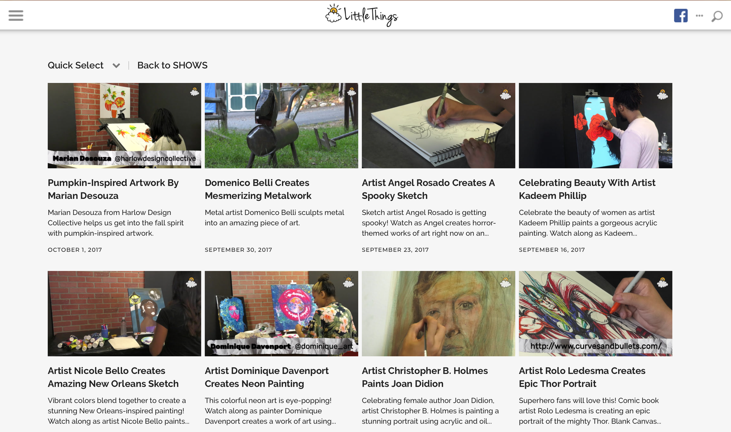 Screenshot of an art blog webpage showing various art projects and artists, with a header labeled 'Little Things' and social media icons.