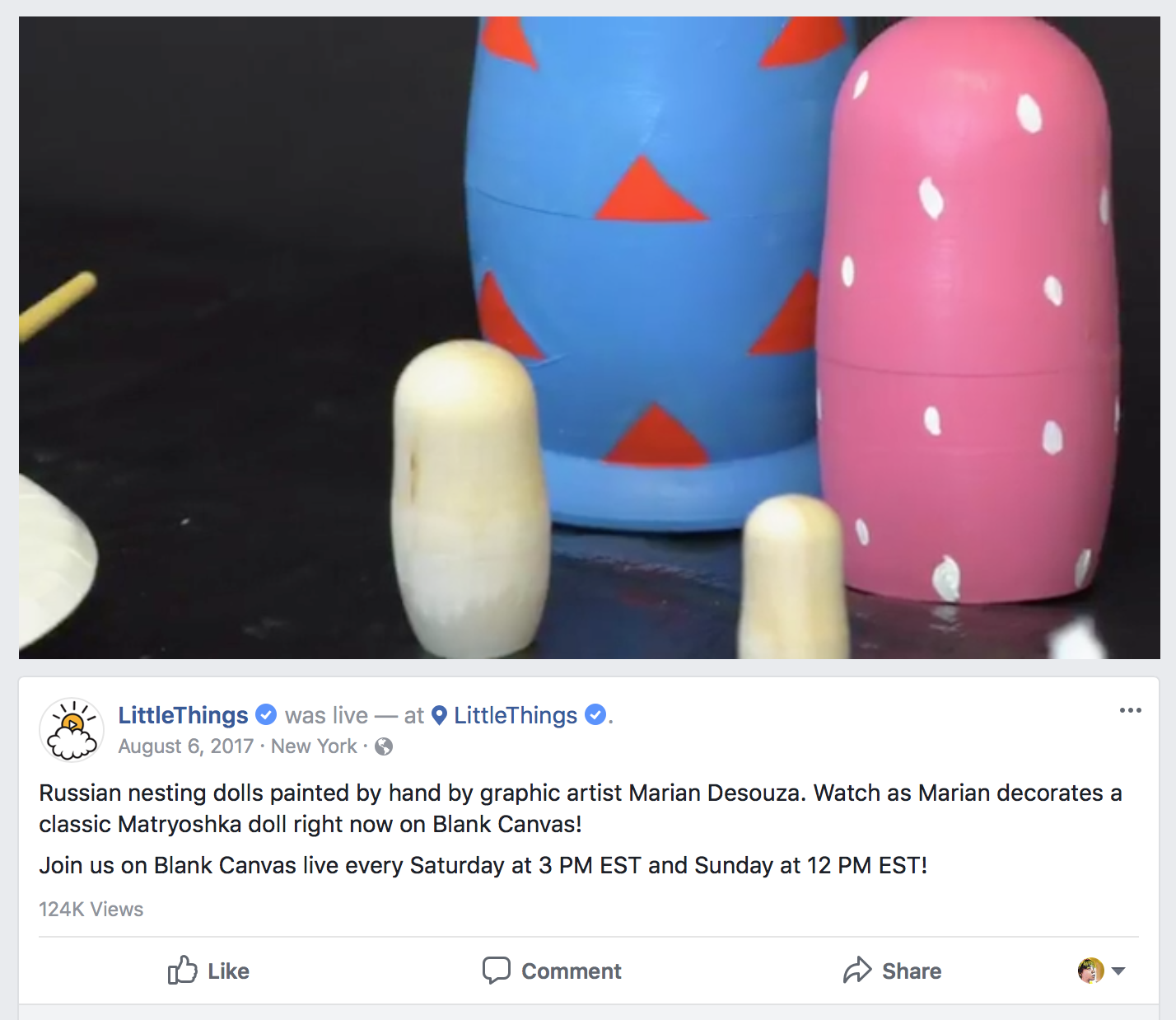 Close-up of hand-painted Russian nesting dolls decorated with geometric shapes and polka dots, with a black background and overlaying Facebook post details.