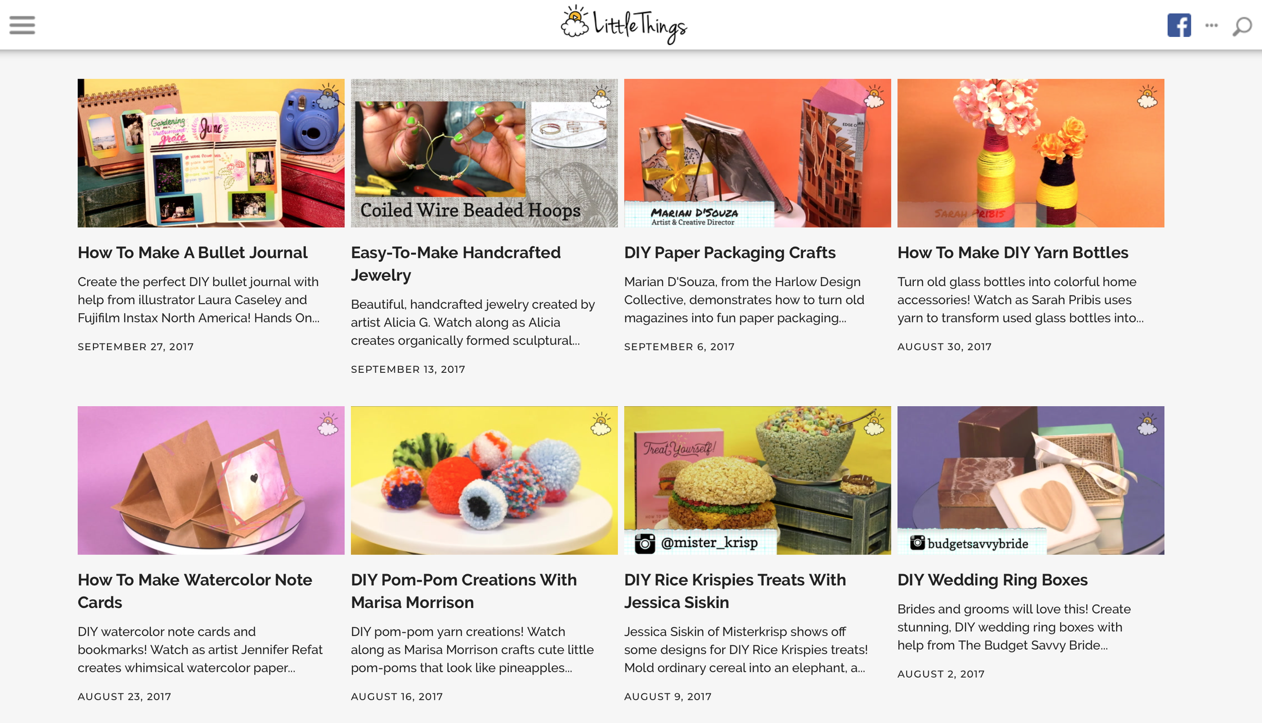 A website homepage featuring crafts articles, including DIY bullet journals, handmade jewelry, paper packaging crafts, yarn bottles, watercolor note cards, pom-pom creations, rice Krispies treats, and wedding ring boxes.