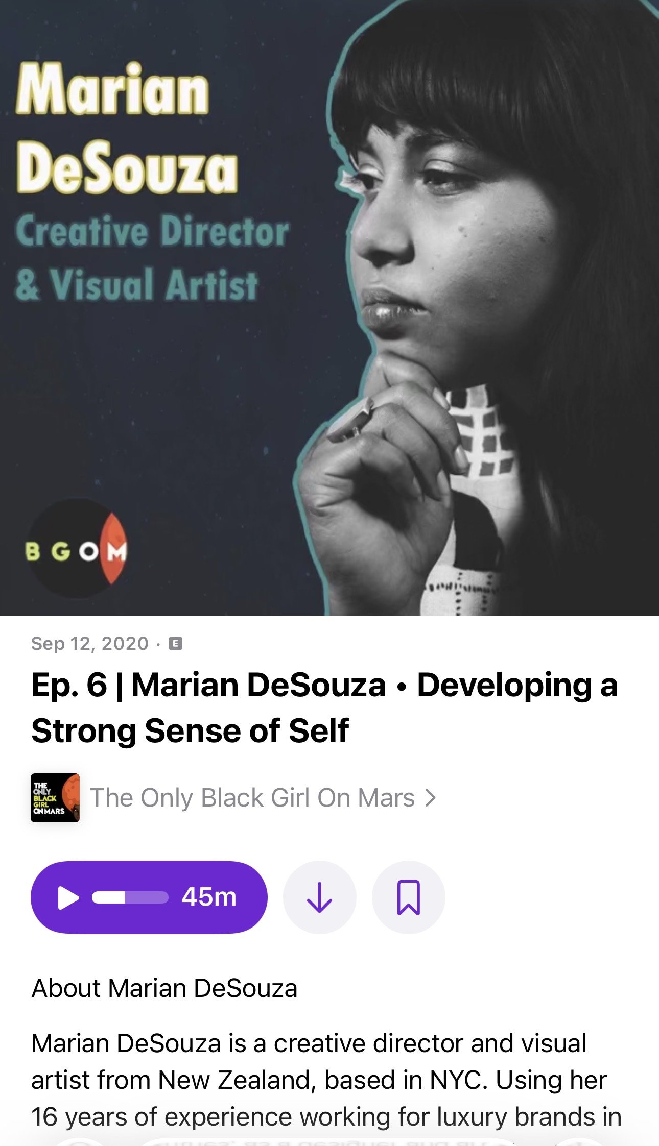 Podcast episode cover featuring a black-and-white photograph of Marian DeSouza with a contemplative pose, her hand resting on her chin, and text indicating her as a creative director and visual artist.