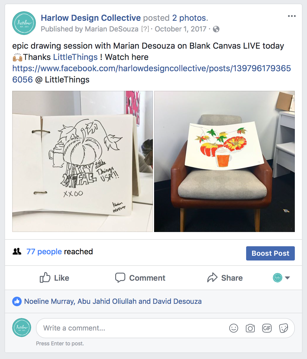 Two photos of drawing sessions. The left image shows a black and white sketch of a pumpkin with leaves, a jar, and the words 'HAPPY HALLOWEEN' with 'little Things USA!!' and 'XXOO' written below. The right image shows a colorful pumpkin and leaf draw
