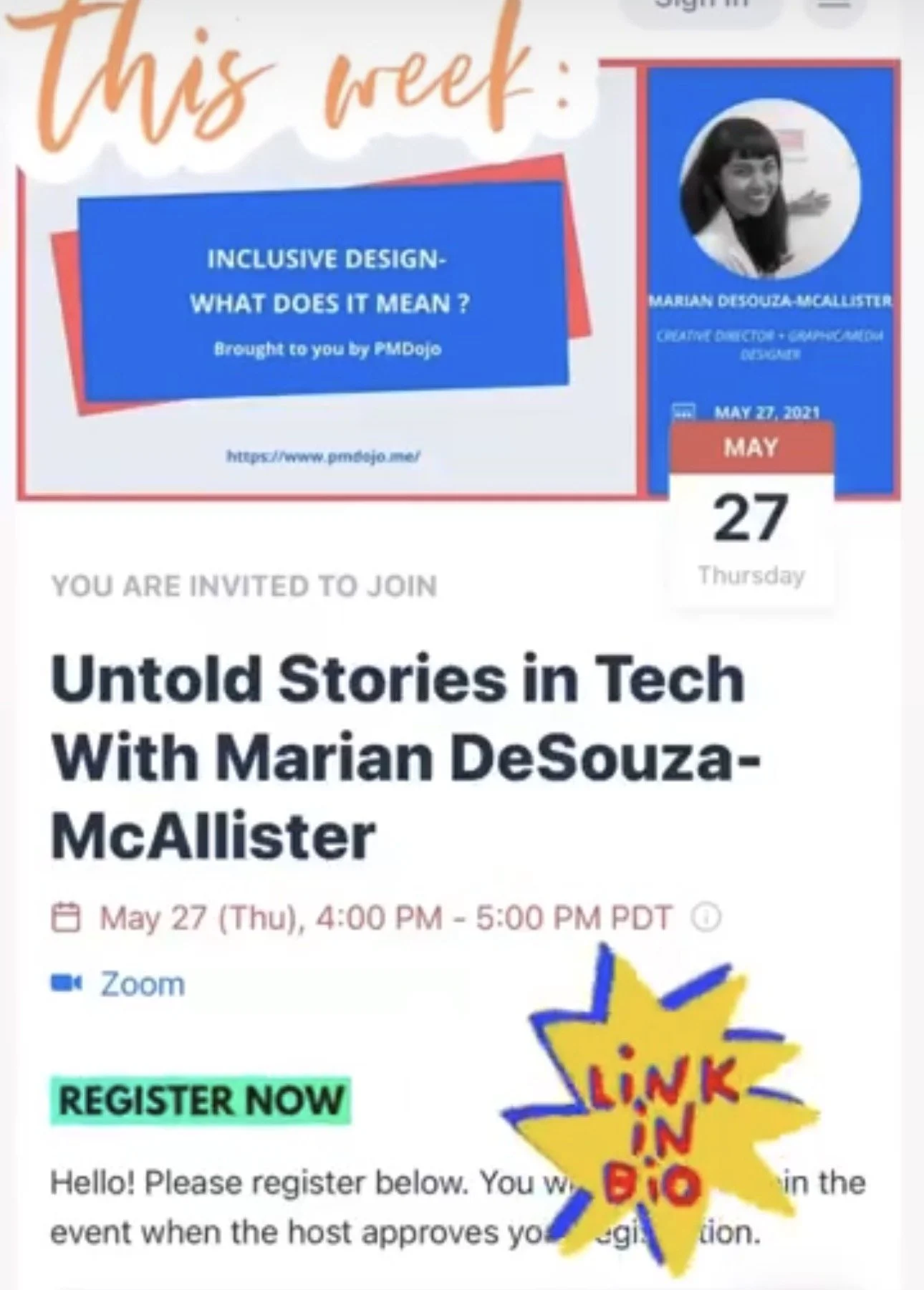 Invitation to a Zoom event titled 'Untold Stories in Tech with Marian DeSouza-McAllister,' scheduled for May 27th from 4:00 PM to 5:00 PM PDT, featuring a flyer with a photo, event details, and colorful graphics including a starburst with 'Link in Bi