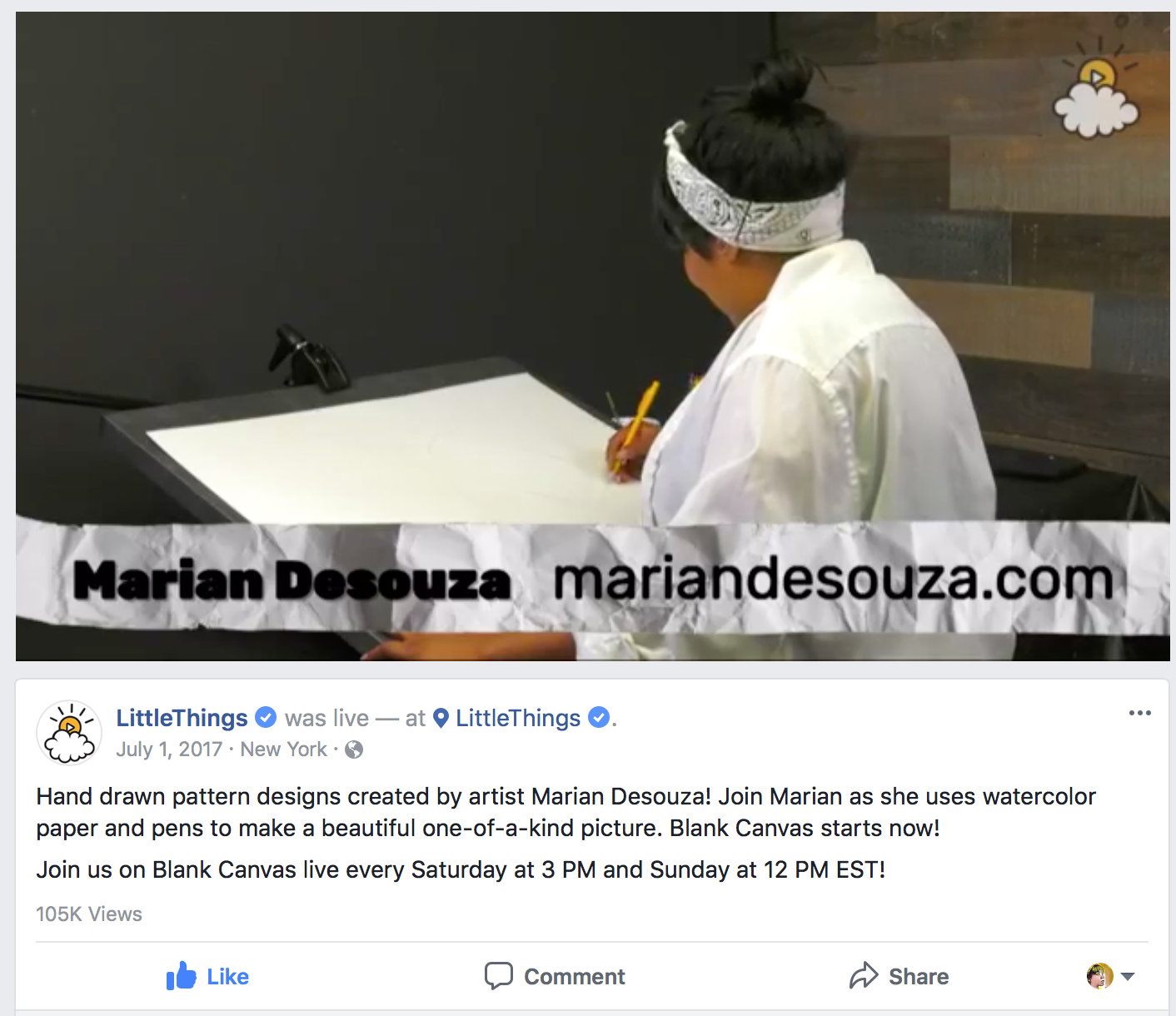 Artist Marian Desouza creating watercolor pattern designs on watercolor paper at a desk, with her back facing the camera, with a website URL marian desouza.com displayed in black text on white paper in the foreground.