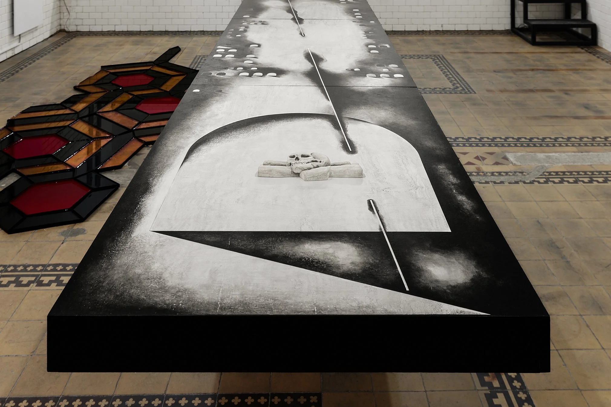 Sofiia Yesakova WE MOURN ONLY TO FORGET MORE ELEGANTLY 1.1., 400×100×10 cm, acryl, gelatine, gesso, wood, 2026