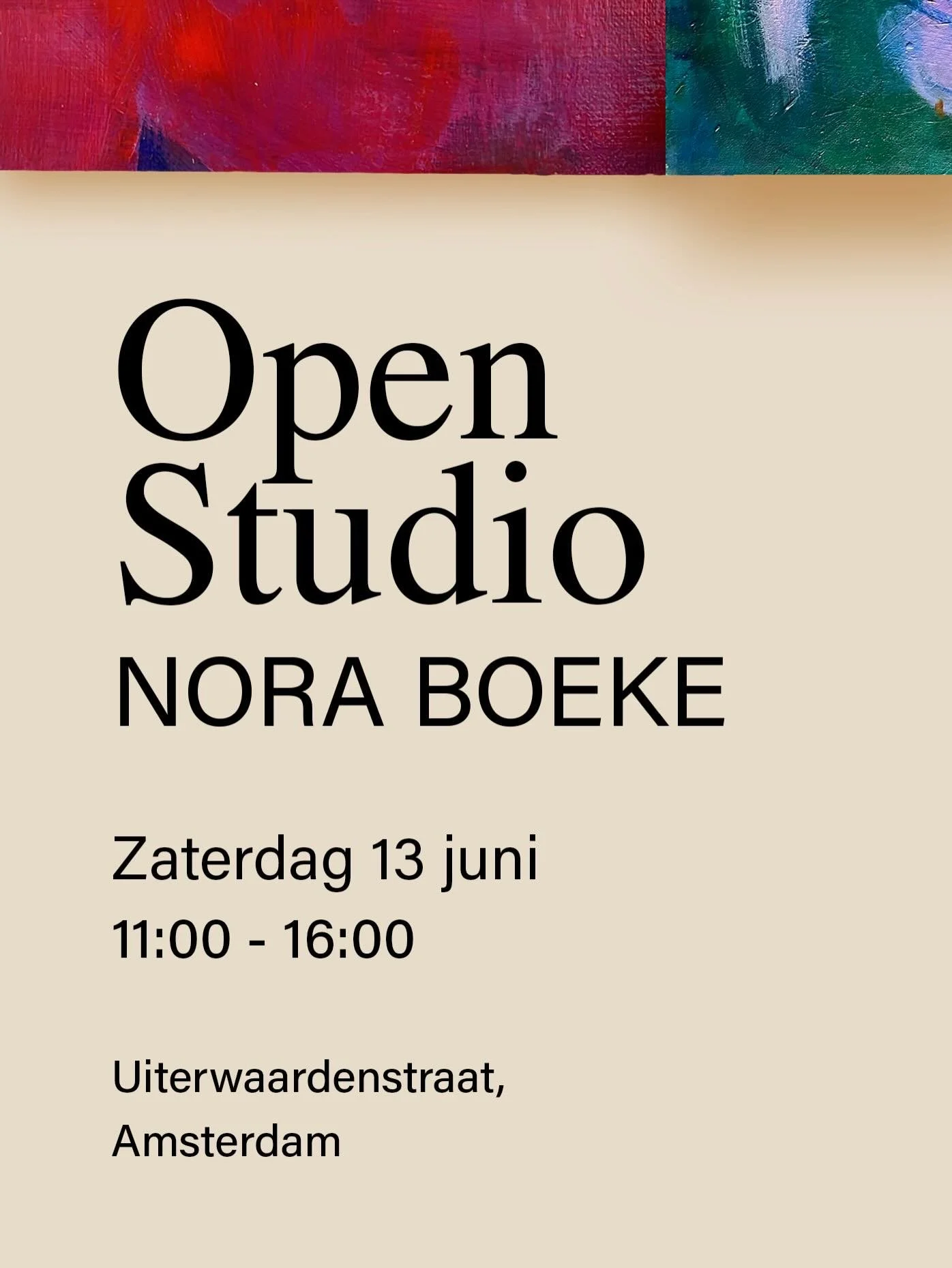 Op zaterdag 13 juni doe ik mijn laatste open studio op deze heerlijke plek. Er is van alles te zien: nieuw werk, ouder abstract werk en figuratieve schilderijen.

Iedereen is van harte welkom. De deuren staan open van 11.00 &ndash; 16.00 uur.  Adres 
