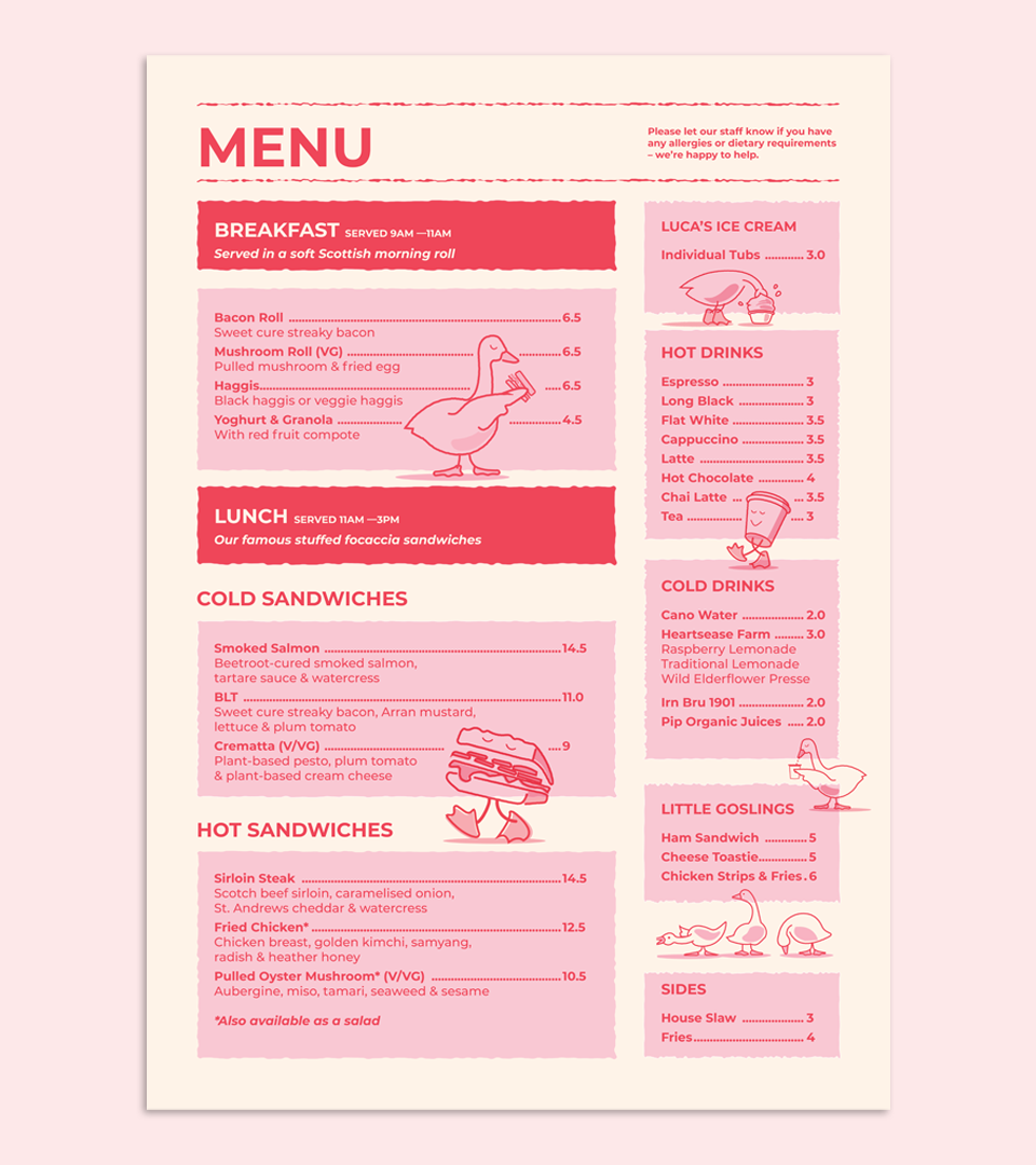Pinkfoot cafe menu design