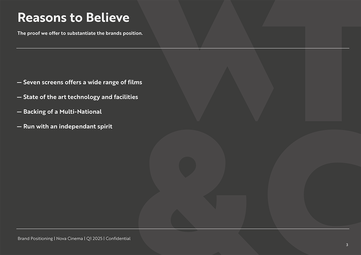 Page from Nova Cinema's brand positioning document showing Reasons to Believe
