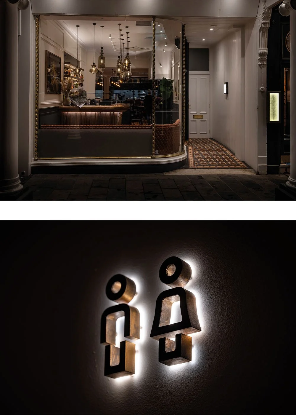 Furna restaurant shopfront and bepoke toilet signs