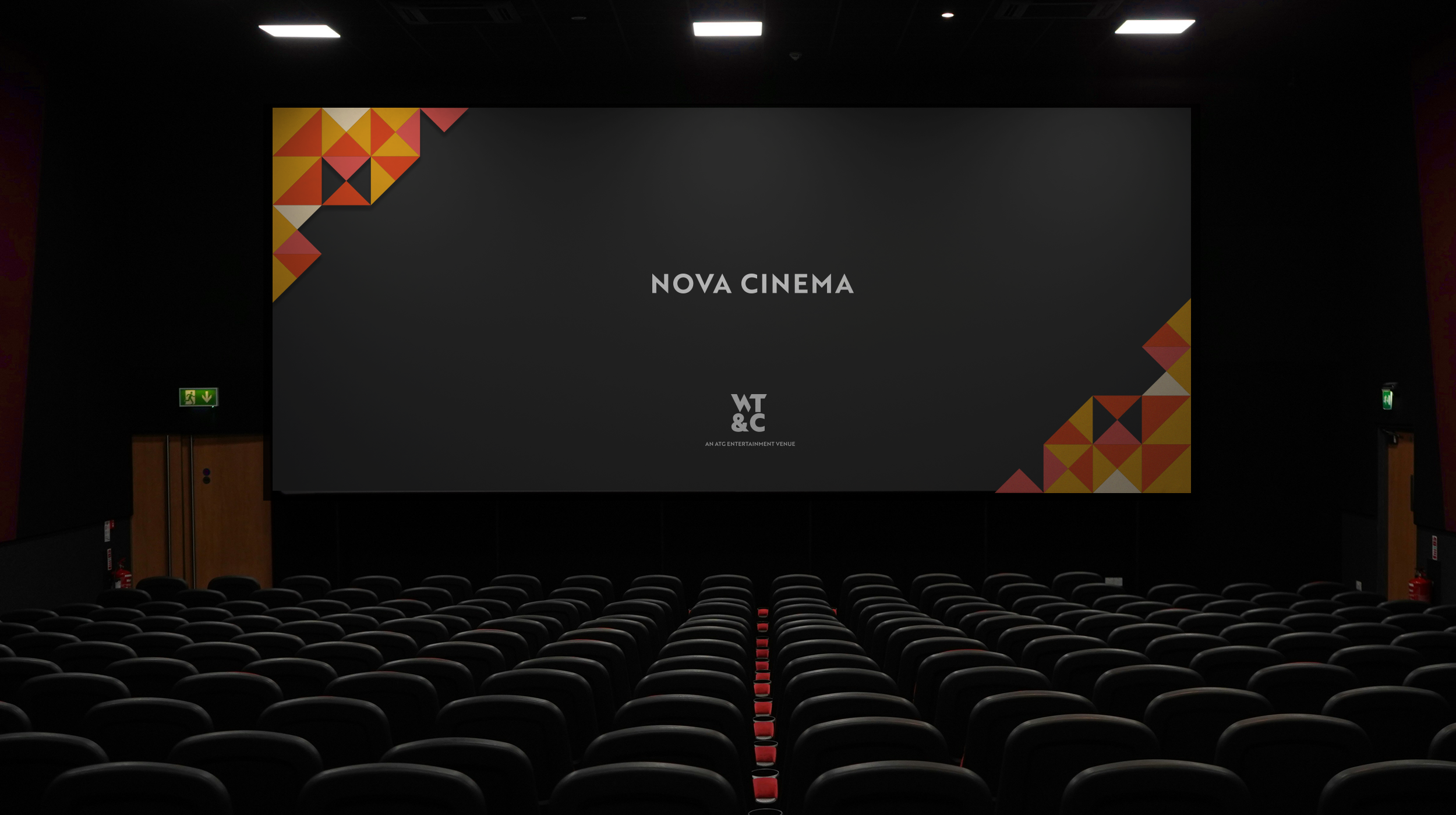 Nova Cinema screen, showcasing the Nova Cinema logo and branding
