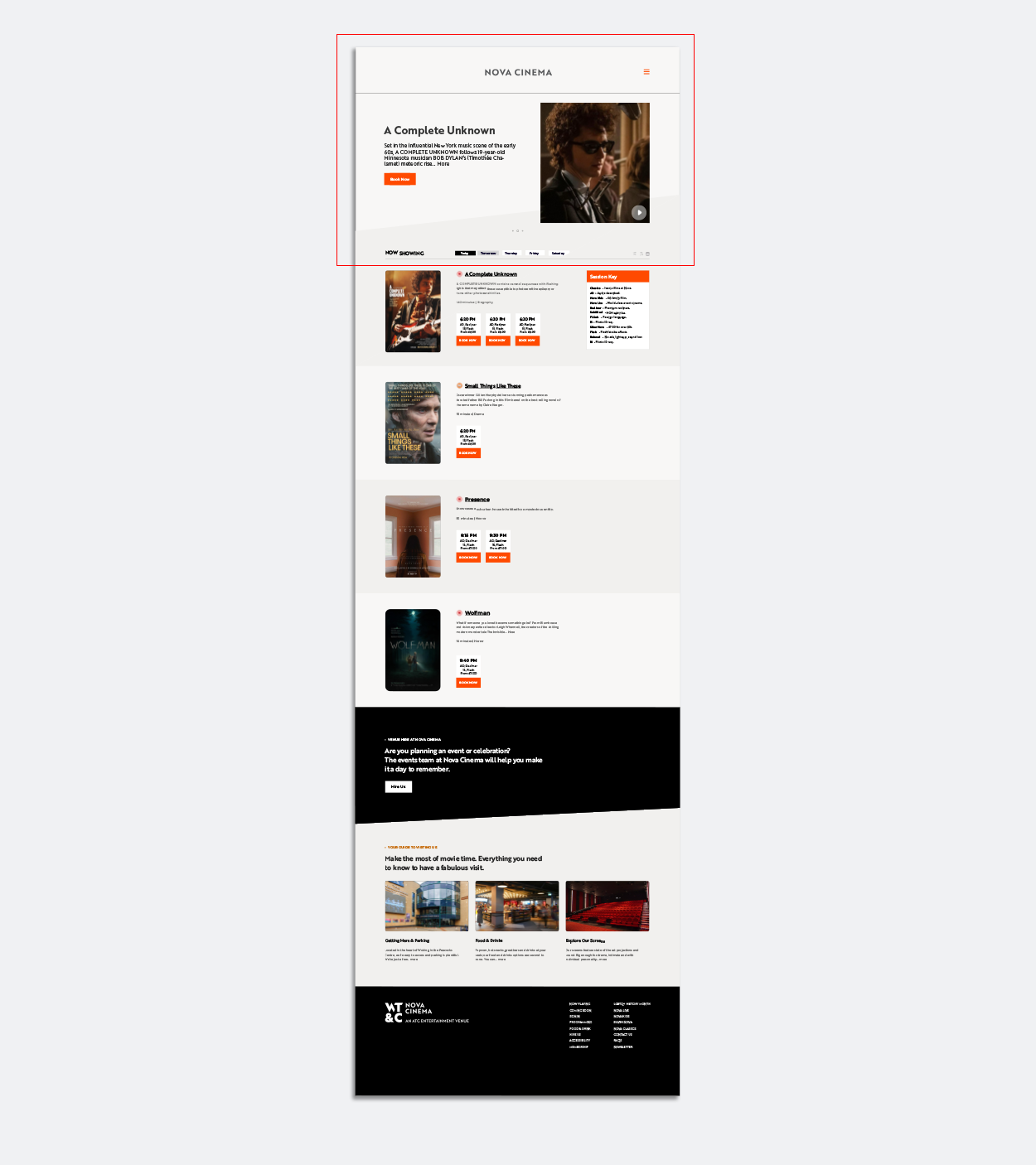 A home page for Nova Cinema website design by Good Noise branding agency