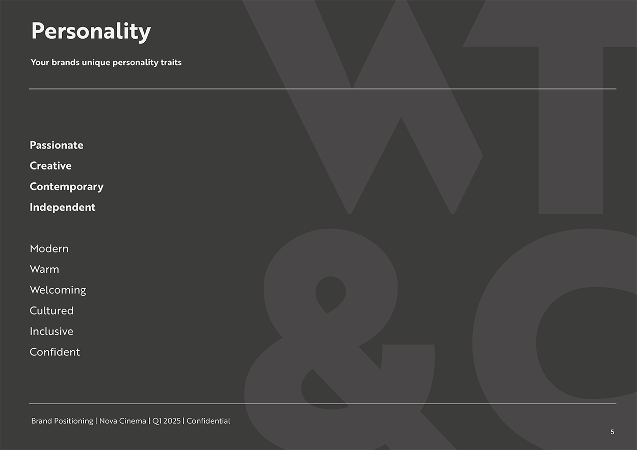Page from Nova Cinema's brand positioning document showing the brand personality