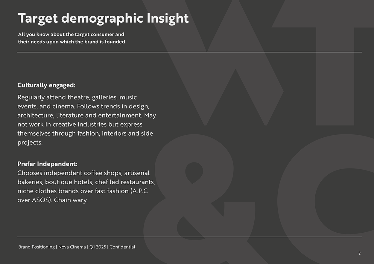 Page from Nova Cinema's brand positioning document showing the target demographic