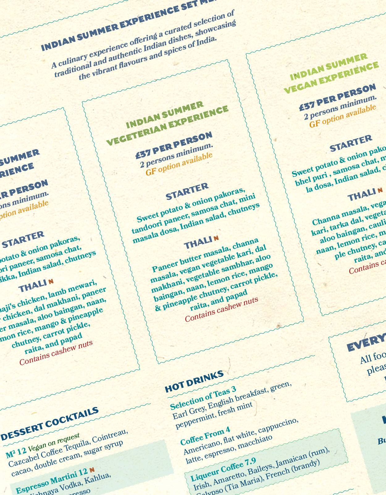 Close up of menu for Indian Summer restaurant showing the set menu experience designed by branding agency good noise