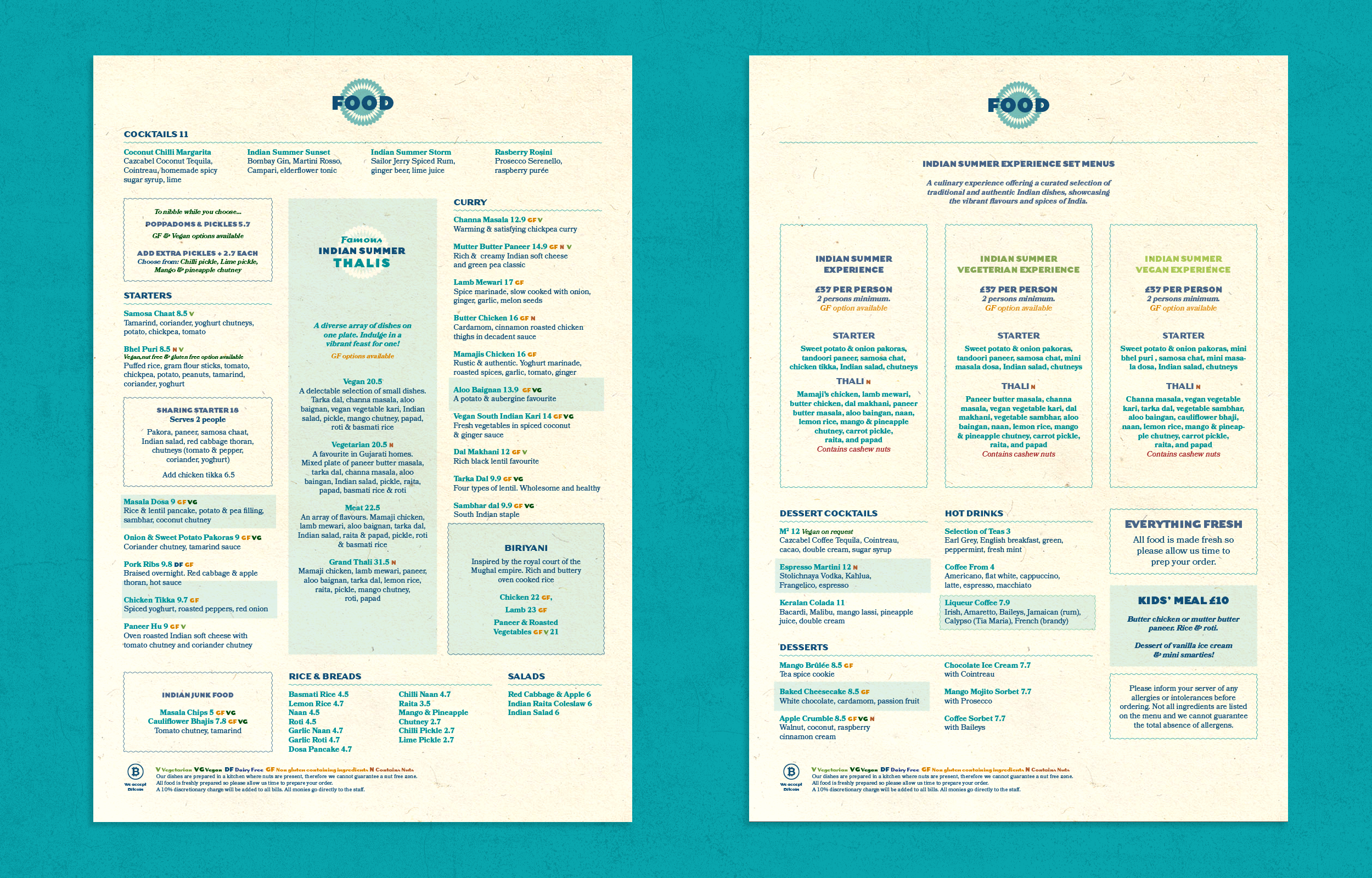 Menu suite design for Indian Summer restaurant designed by hospitality branding agency good noise