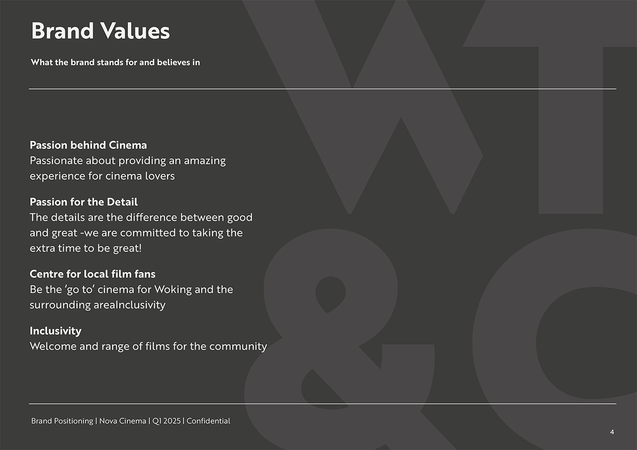 Page from Nova Cinema's brand positioning  document showing the brand values