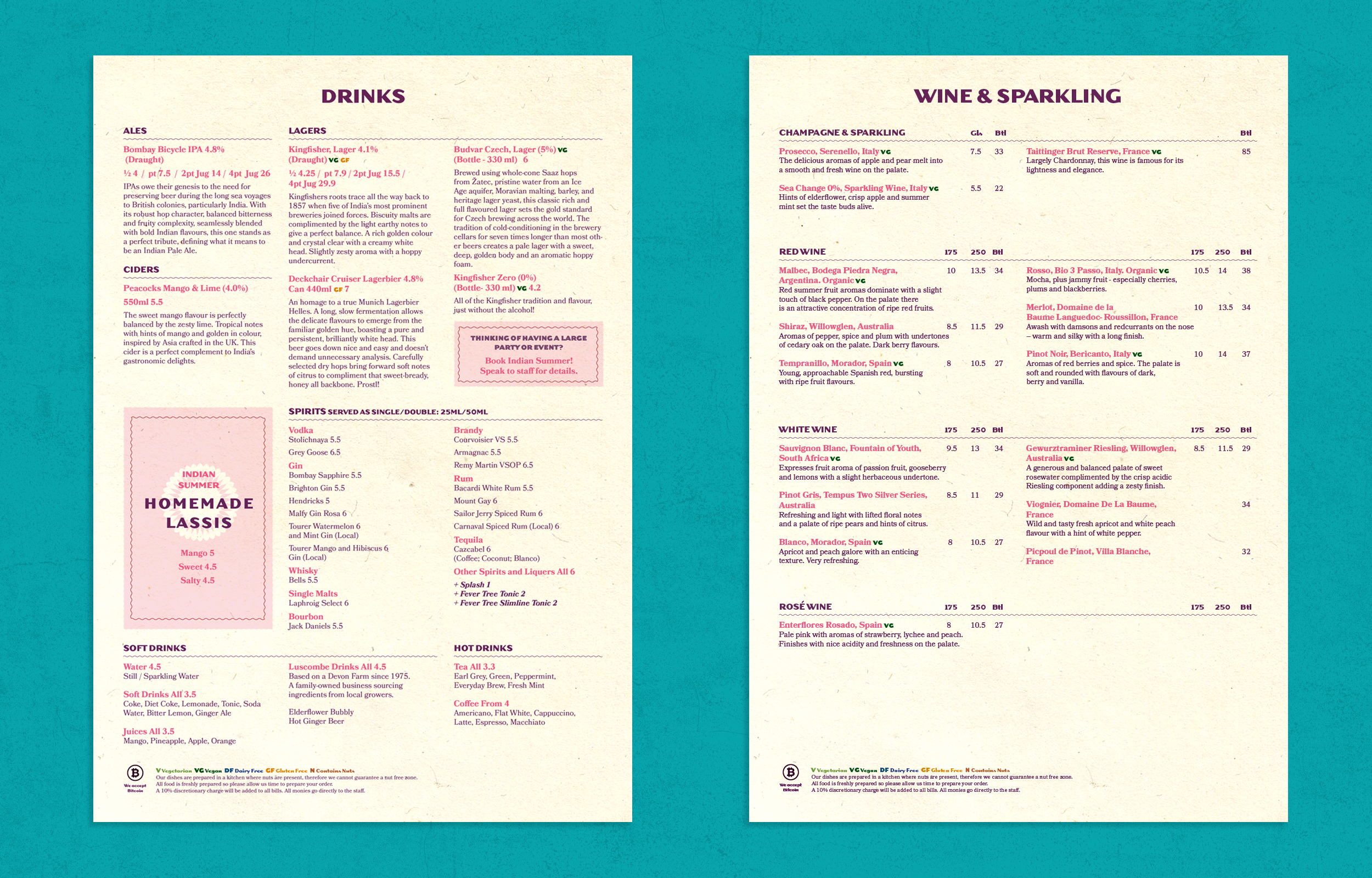 Drinks menu design for Indian Summer restaurant designed by hospitality branding agency good noise