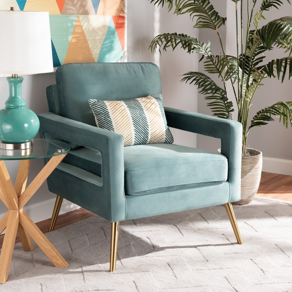 Baxton Studio Leland Glam And Luxe Light Blue Velvet Armchair Sanabria Homes Designs