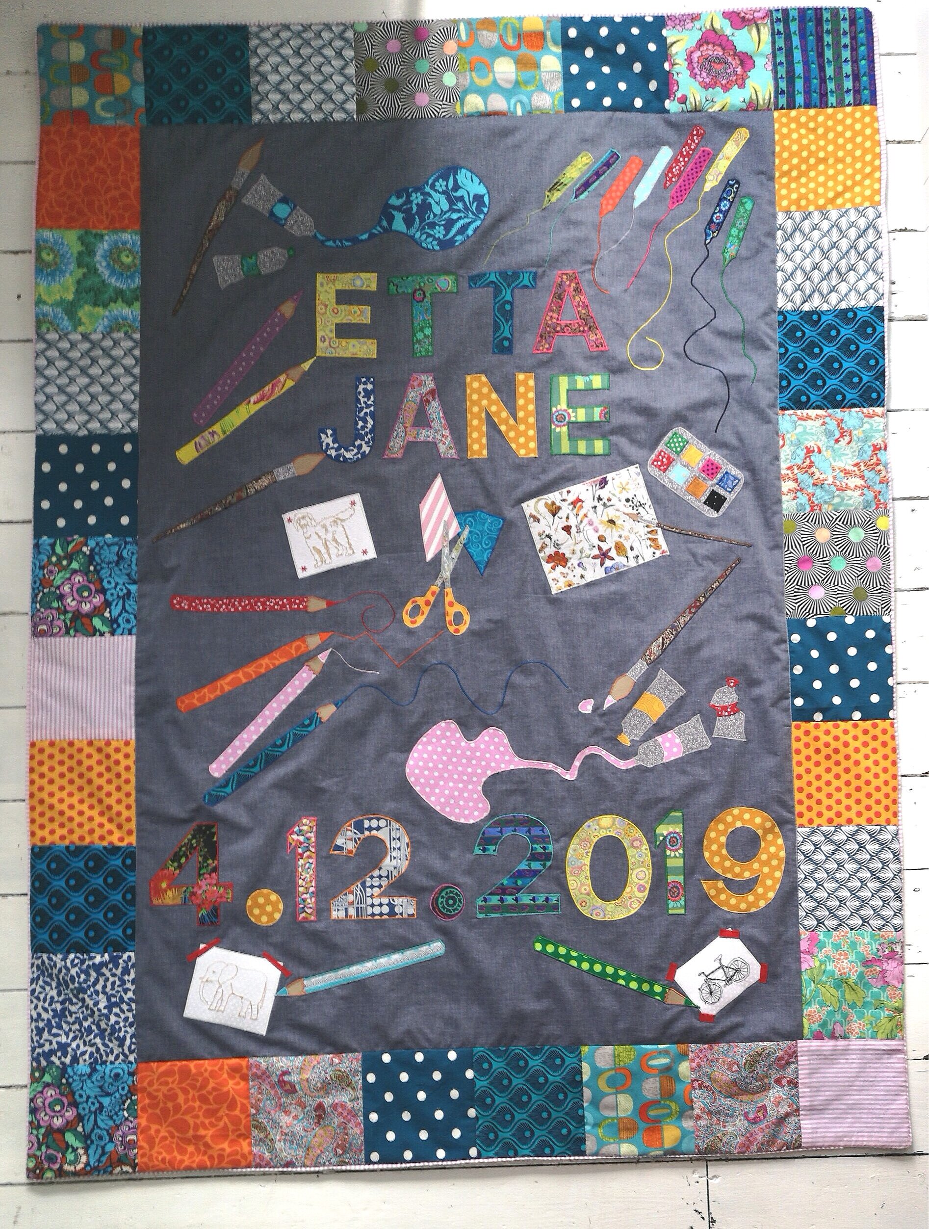 'Arty Birth Quilt' made for an artist couple to celebrate the birth of their first child. I am currently working on a similar commercial pattern for this quilt.
