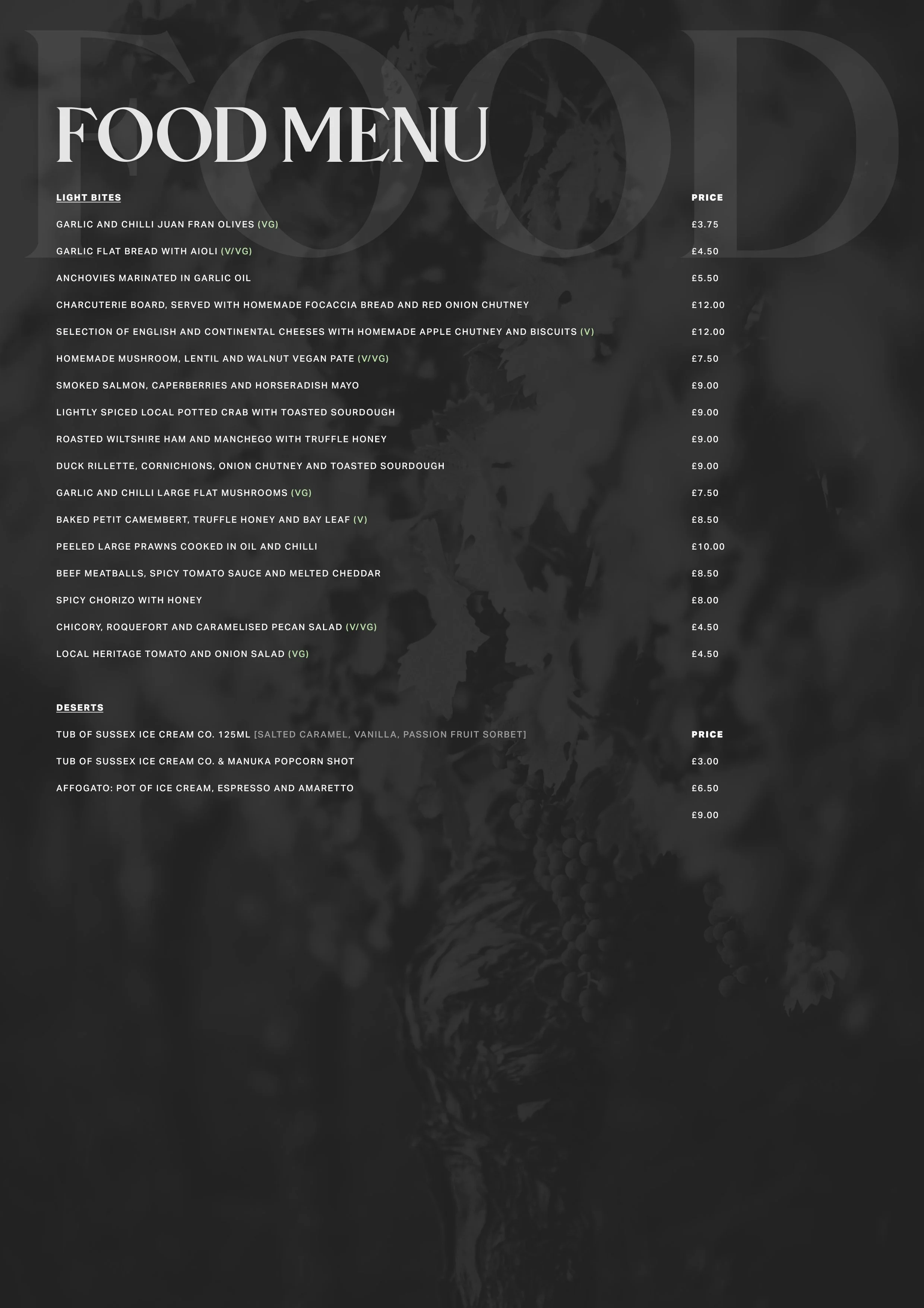 Food Menu THE GRAPE WORTHING Wine Bar & Merchant