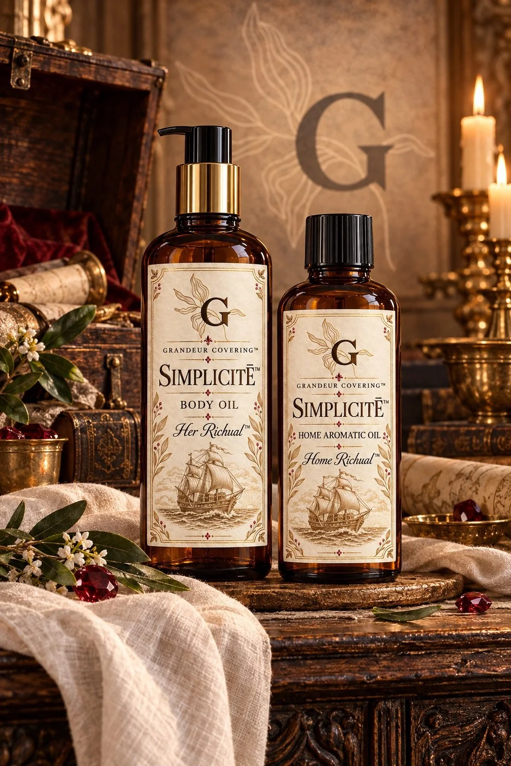 Two bottles of Grandeur Covering Simplicité products, one labeled 'Body Oil Her Richual' and the other 'Home Aromatic Oil Home Richual,' placed on a decorated wooden table with candles, greenery, and jewelry in a vintage setting.