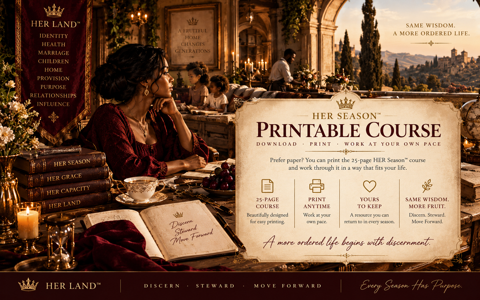 An advertisement for HER Season Printable Course. The image features a woman with dark hair in a red dress sitting at a luxurious table filled with books, candles, a cup, and grapes, in a grand outdoor setting with arches and trees. The text promotes a 25-page printable course that can be downloaded and worked at one’s own pace, emphasizing themes of discernment, stewardship, and moving forward in life.