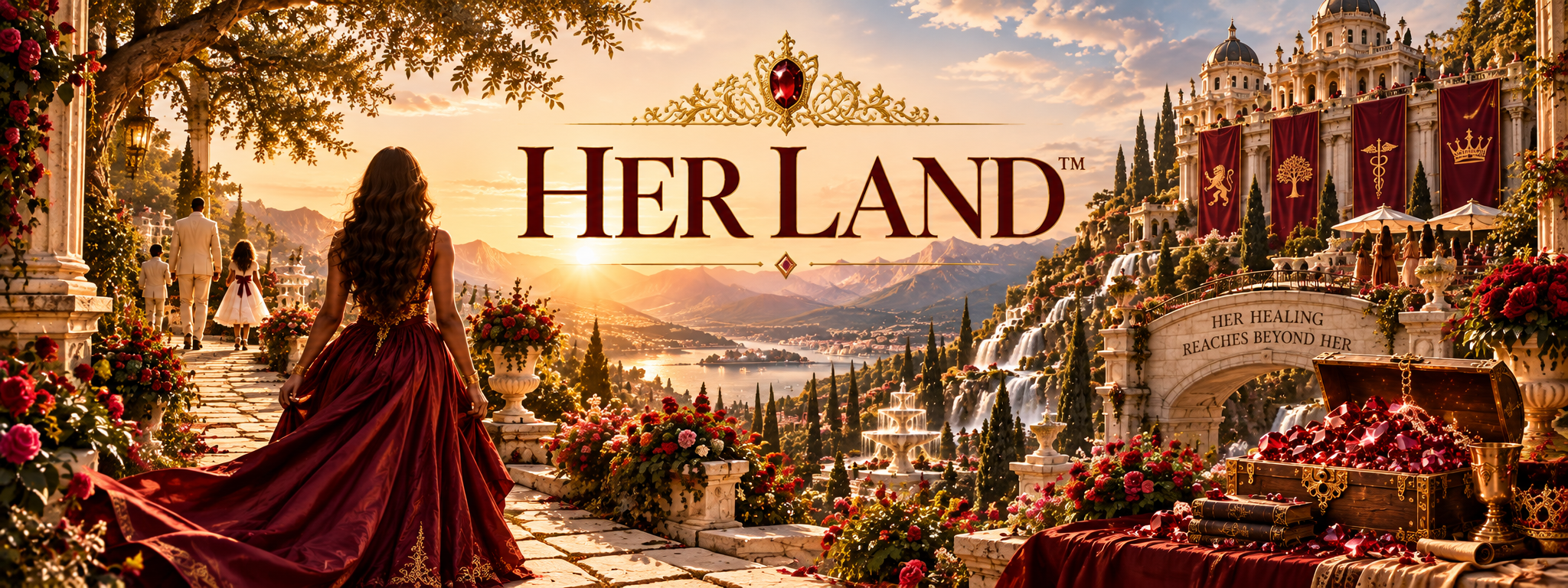 A fantasy scene featuring a woman in a flowing red gown walking on a marble pathway in a castle-like setting. The background shows a sunset over mountains and a city by a lake. The scene includes ornate fountains, colorful flowers, and a large sign reading 'Her Land' in elegant font. There's a treasure chest filled with jewels and a scroll with the phrase 'Her healing reaches beyond her' amidst lush greenery and regal banners.