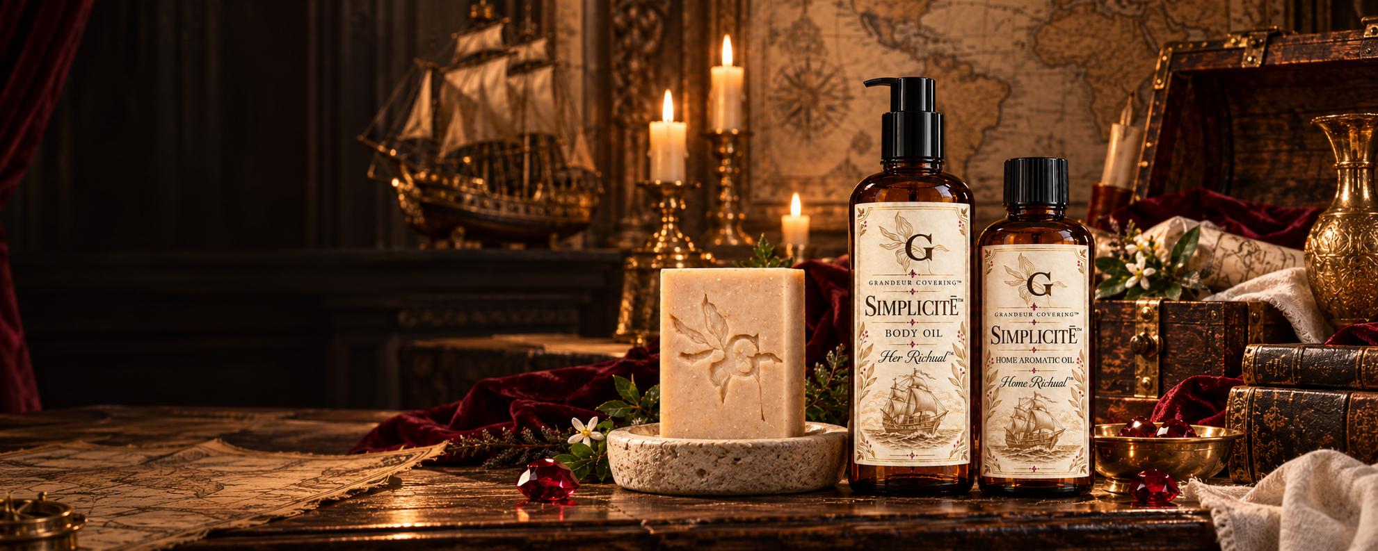 Decorative scene featuring two bottles of Grandeur Covering Simpiicite products, a bar of soap, a gold vase, candles, a ship model, vintage jewelry box, flowers, a treasure map, and red gemstones on a wooden table with a map and velvet fabric.