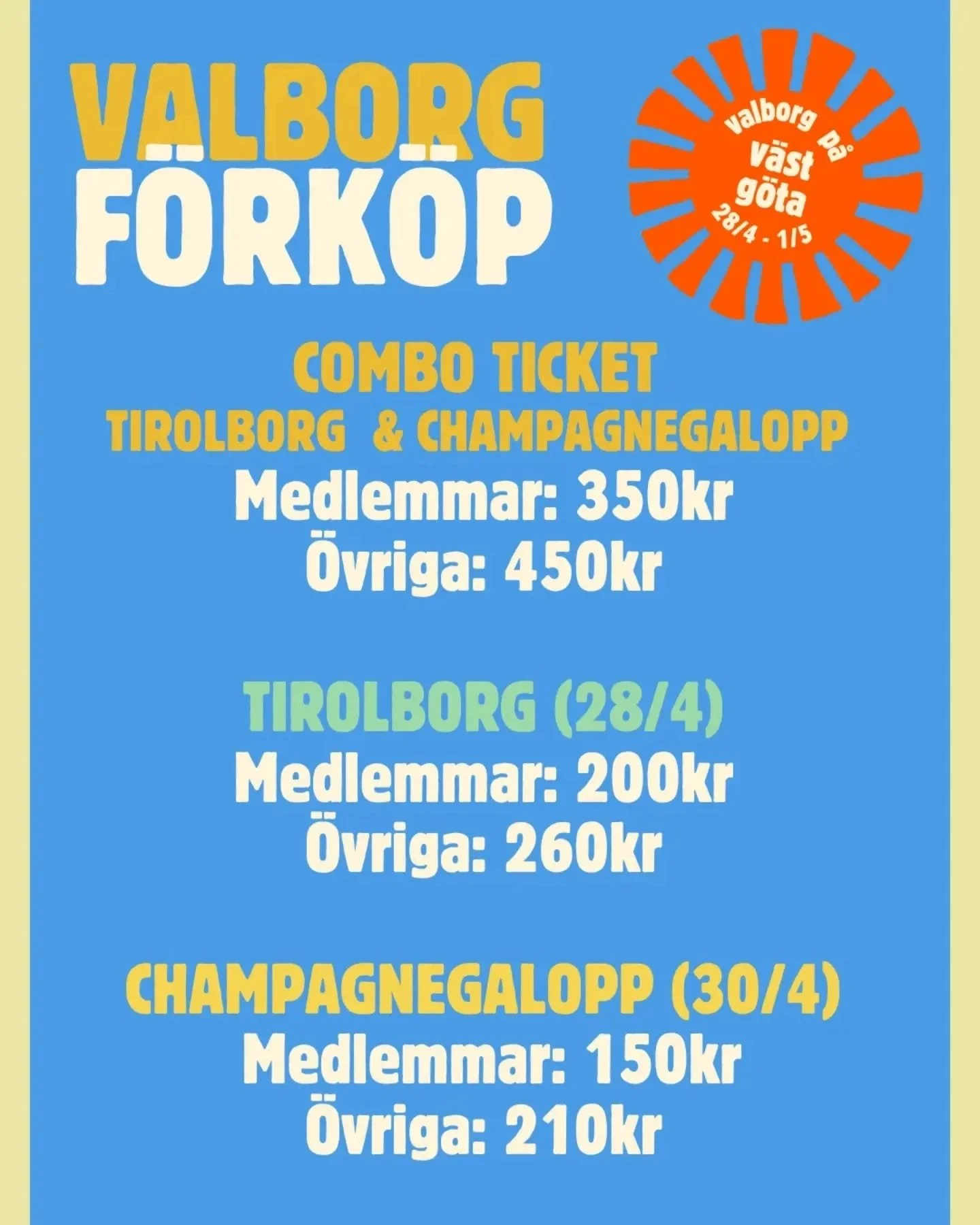Snart &auml;r det dags att k&ouml;pa biljetter till valborg p&aring; v&auml;stg&ouml;ta nation!

F&ouml;r nationens medlemmar: Biljetter kan k&ouml;pas i utebaren i nationens tr&auml;dg&aring;rd mellan kl. 14.00-16.00, den 7:e April.

F&ouml;r &ouml;