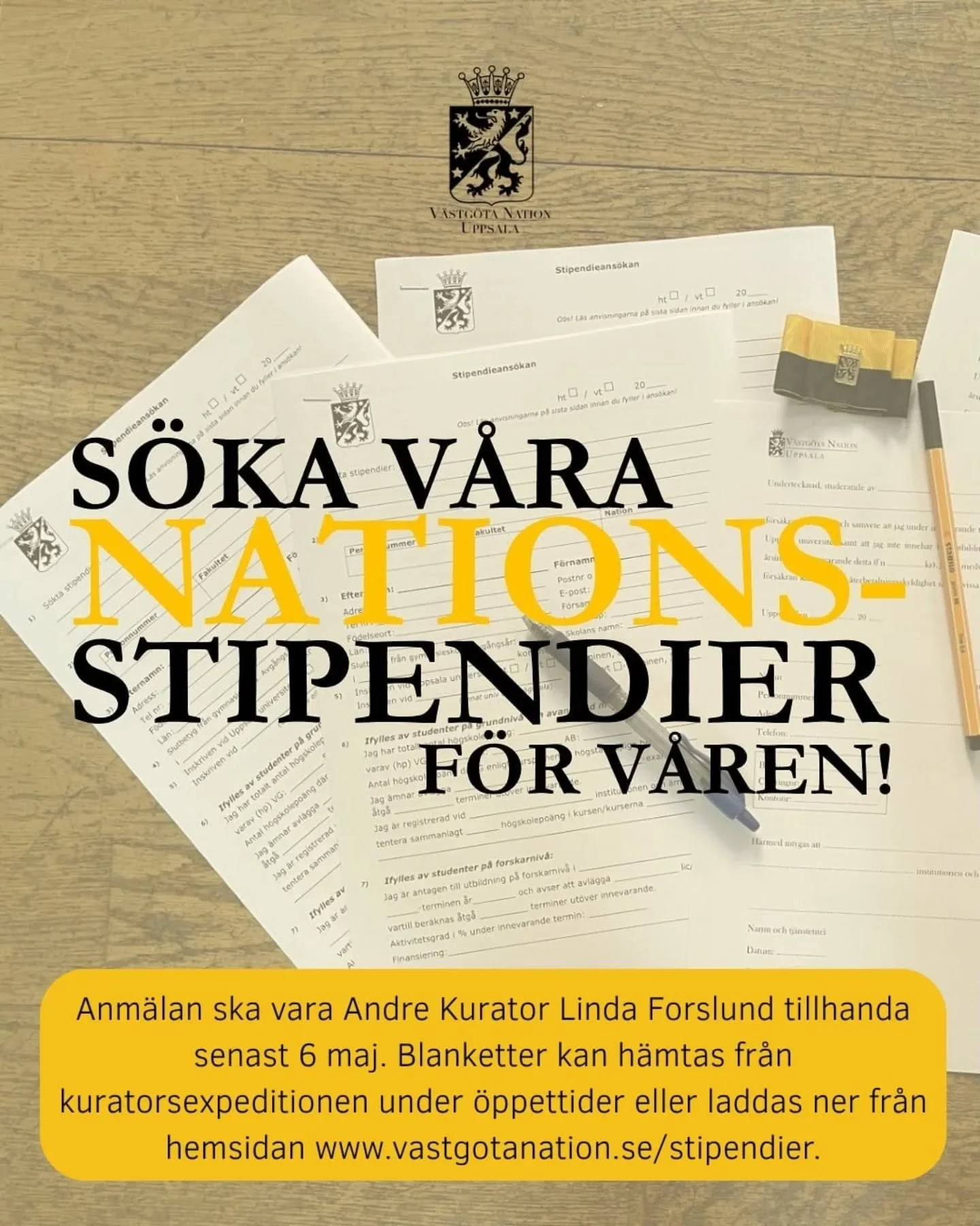 Dags att s&ouml;ka v&aring;ra nationsstipendier! 
Det kommer att h&aring;llas en workshop om stipendier f&ouml;r att hj&auml;lpa till med ans&ouml;kningar och besvara fr&aring;gor om stipendier den 5 maj 15-17

//

Time to apply for our nation schola