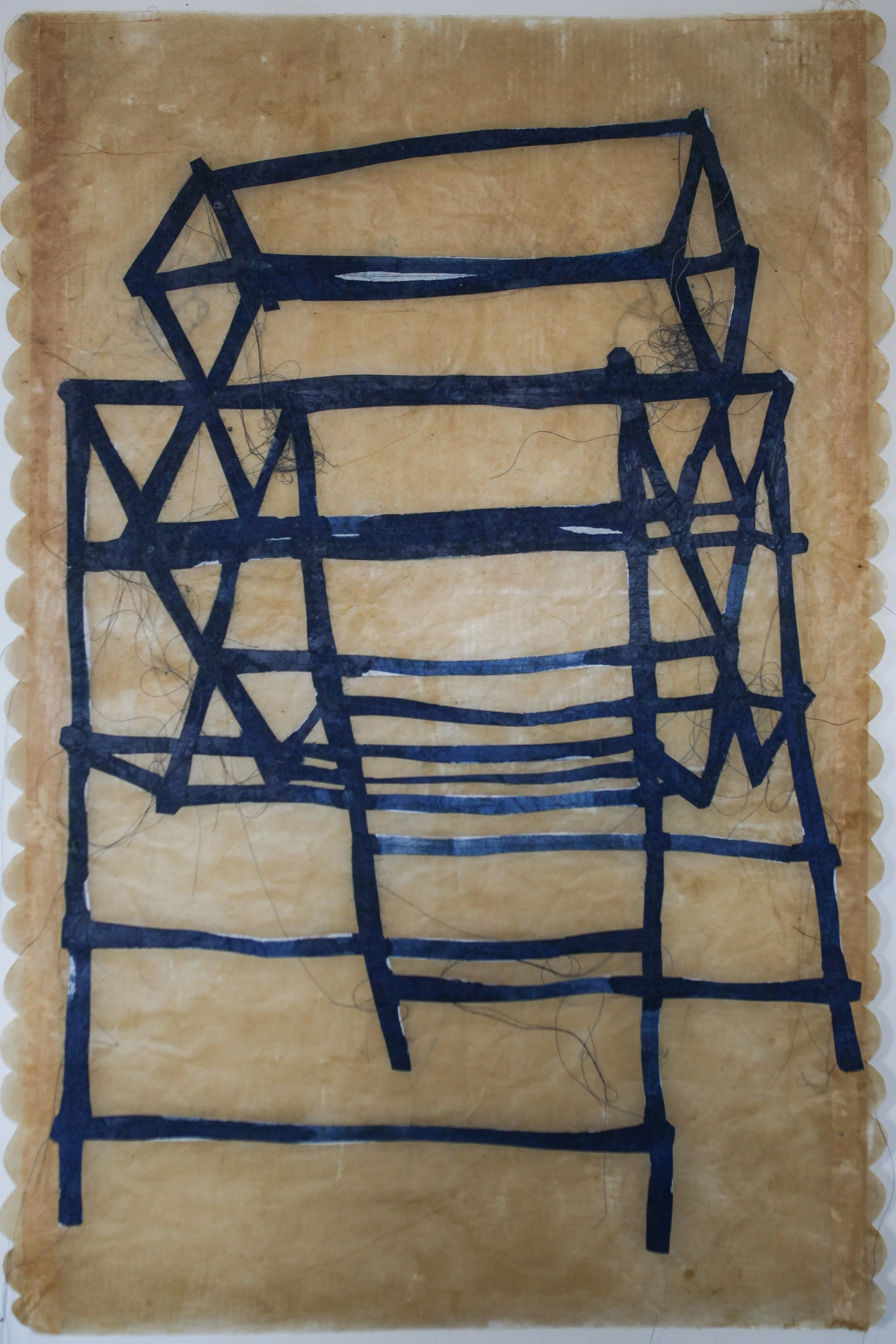 SUPPORT STRUCTURE BANNER / 25 x 37" / Cyanotype, cut paper, and thread 
