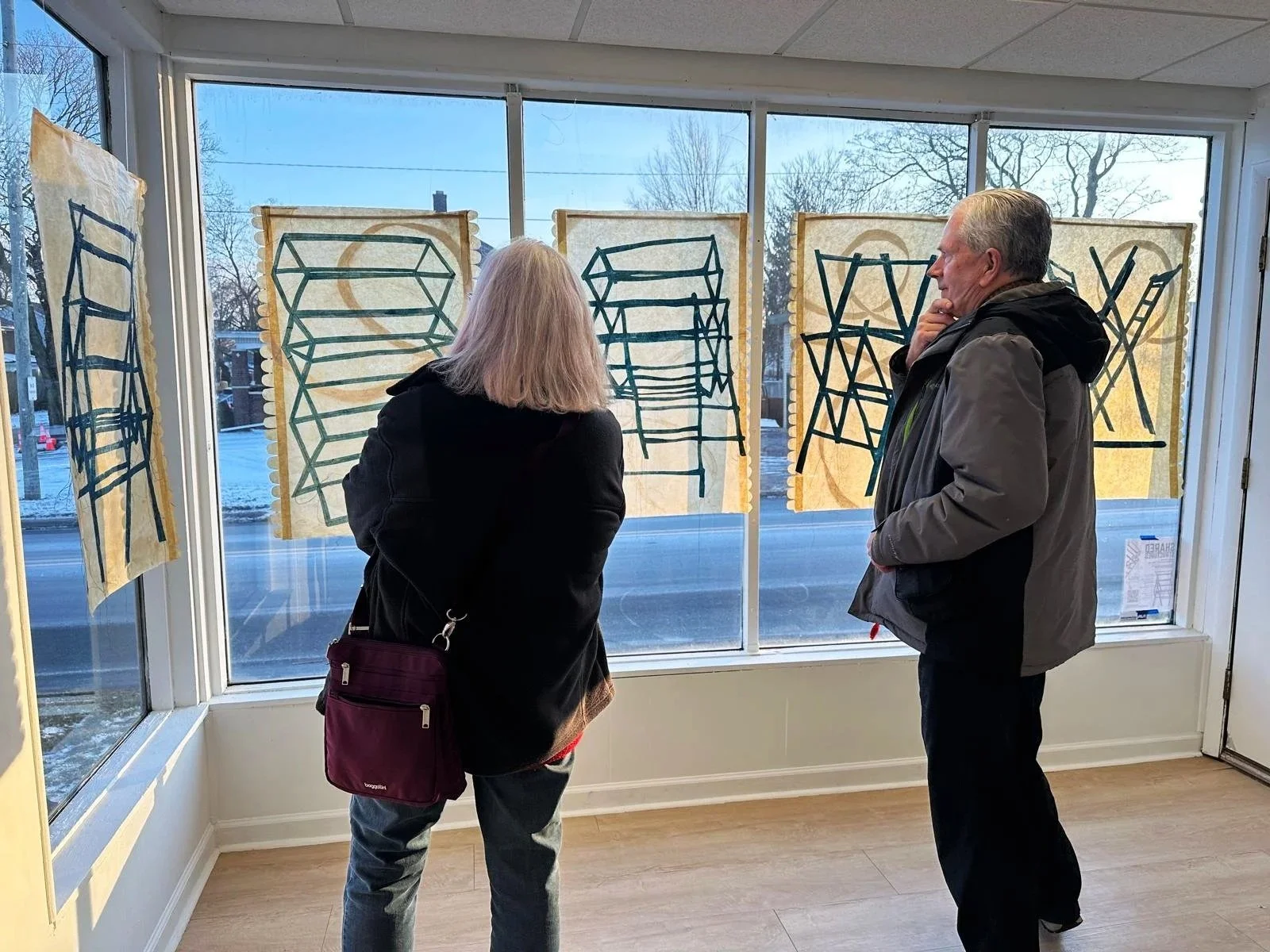 SUPPORT STRUCTURE BANNERS / 25 x 37" each / Cyanotype, cut paper, thread 